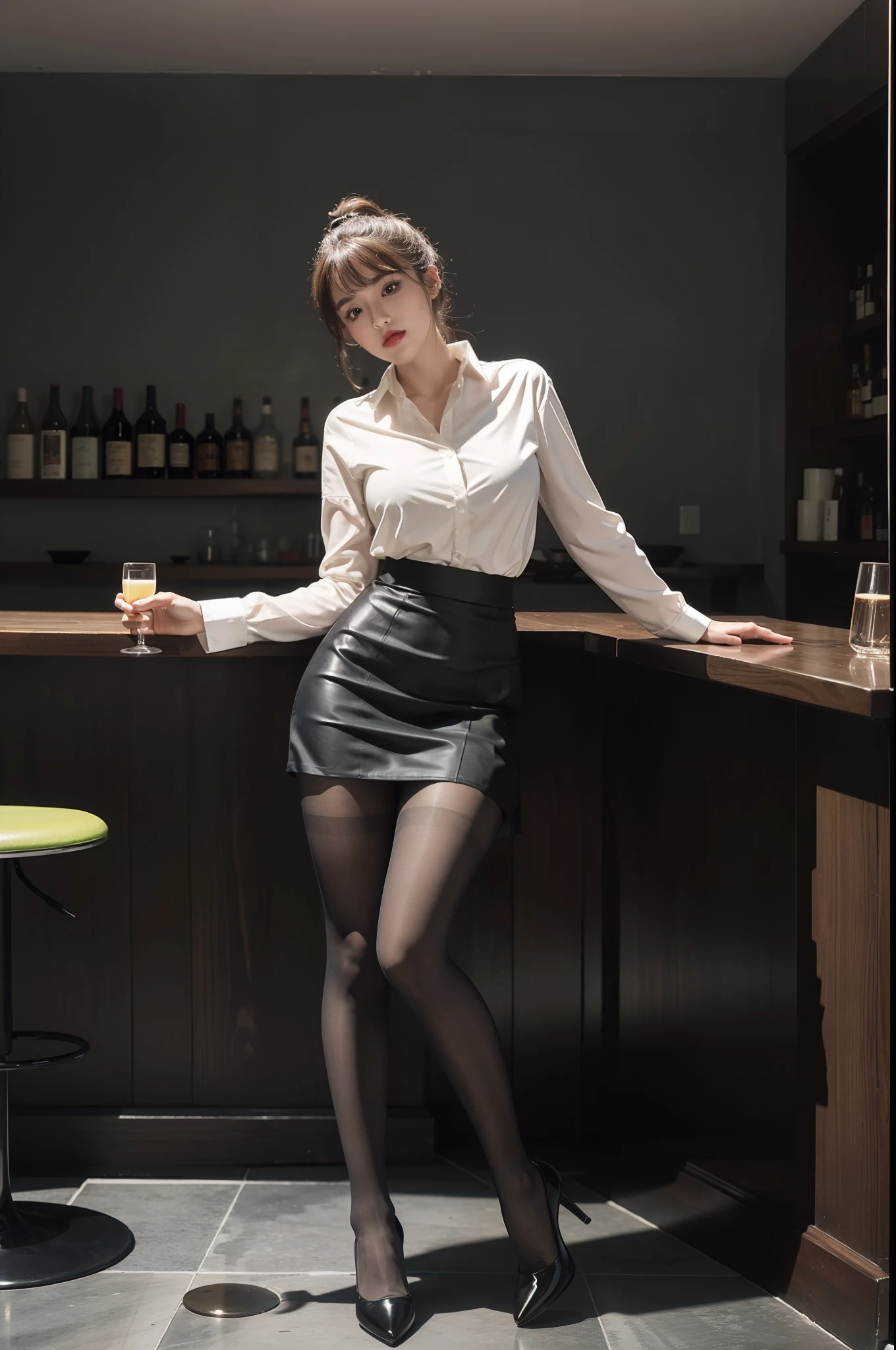 (full body:1.5),(1girl:1.3),(view the viewer:1.4),(anatomy correct:1.3),(Sitting at the bar drinking alcohol:1.2),(A Ivory Checkered shirt and work skirt :1.2),( Very thick Lime Pantyhose:1.3),( girl pointed thick heels :1.1),(Accurate and perfect face:1.3),hyper HD, Ray traching, reflective light, structurally correct, Award-Awarded, high detail, lighten shade contrast, Face lighting ,cinematic lighting, masterpiece, super detailing, high quality, high detail, best quality, 16k,High contrast,