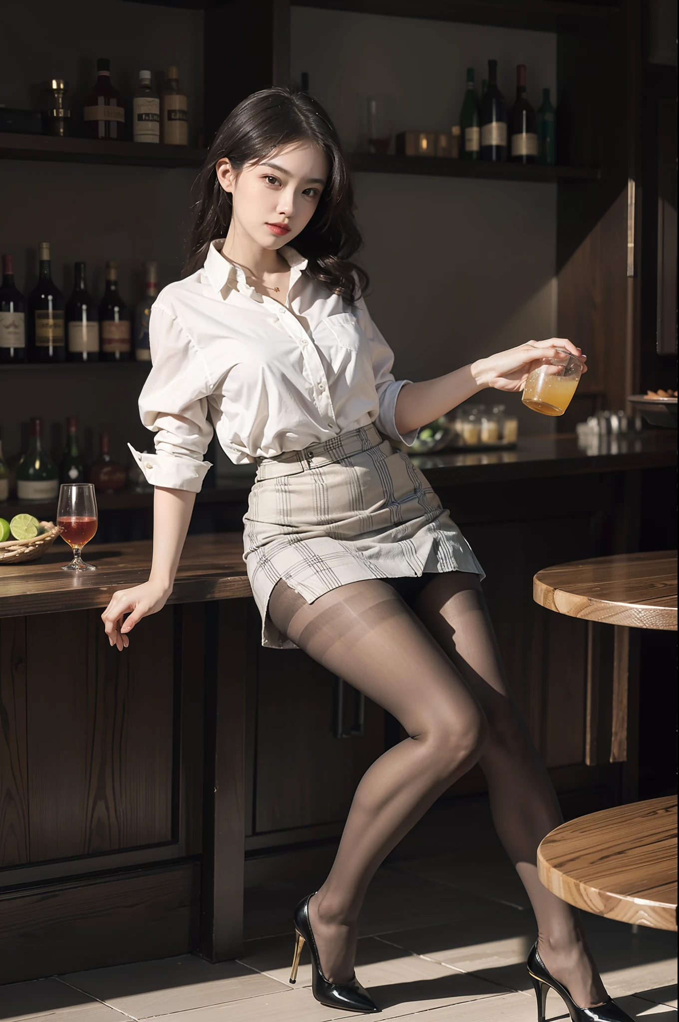 french restaurant、sit on a chair、Blouse for upper body、The lower body is only panties、butt focus