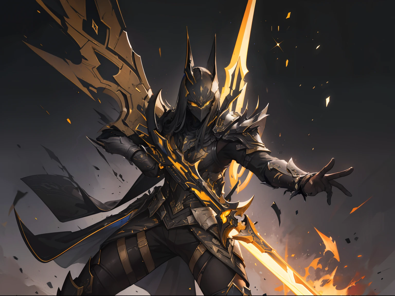 (Anubis warrior in warframe style armor), (black and gold color scheme), (wearing black torn and tattered robe), (wielding a golden spear), (dark desert at night background), view from front, dynamic pose, ambient lighting, photo realism, vibrant colors, intricate armor detail, intricate hand details, highly detailed, vibrant colors, cinematic, high definition, trending on Artstation--style raw