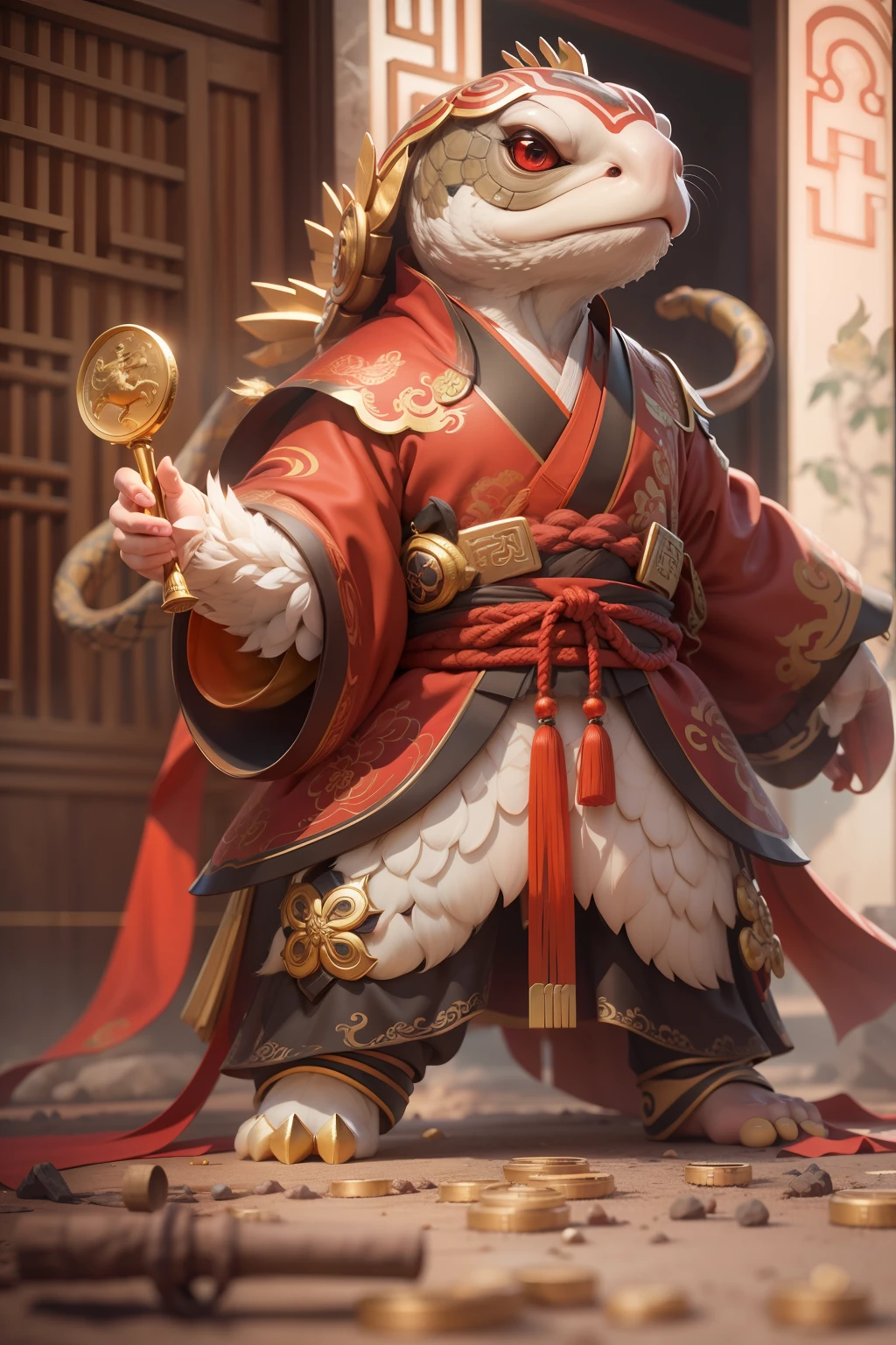 anthropomorphic turtle，Little cute cute little snake，Wearing elegant red Hanfu，Take gold ingots，The ground is covered with gold coins，silkouette，fluffy mane，largeeyes，Red Wall，Chinese culture，zbrush，Dramatic lighting，full-body portraits，hentail realism，finedetail，photographrealistic，Film illumination，complexdetails，rendering by octane，unreal-engine，8K --ar 9：16 --testp --upbeta