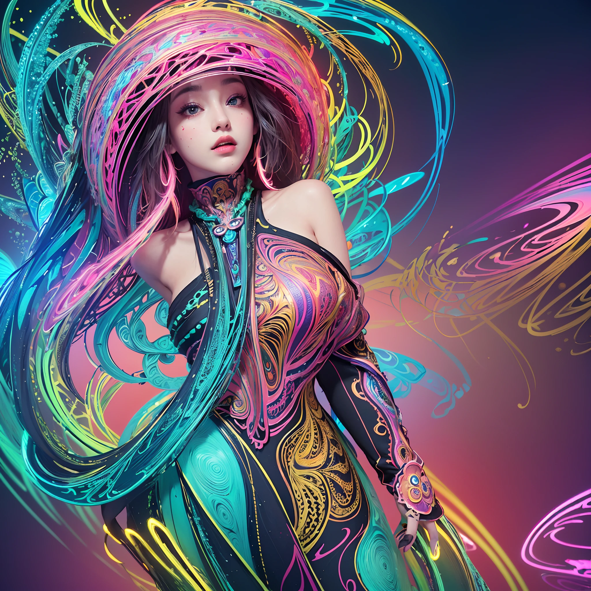 (masterpiece, top quality, best quality, official art, beautiful and aesthetic:1.2), (1girl:1.3), extremely detailed,(fractal art:1.2),colorful,highest detailed,( zentangle neon:1.2), (dynamic pose), (abstract background neon:1.5), (treditional dress:1.2), (shiny skin), (many colors:1.4), upper body ,Neon,16K,Full HD