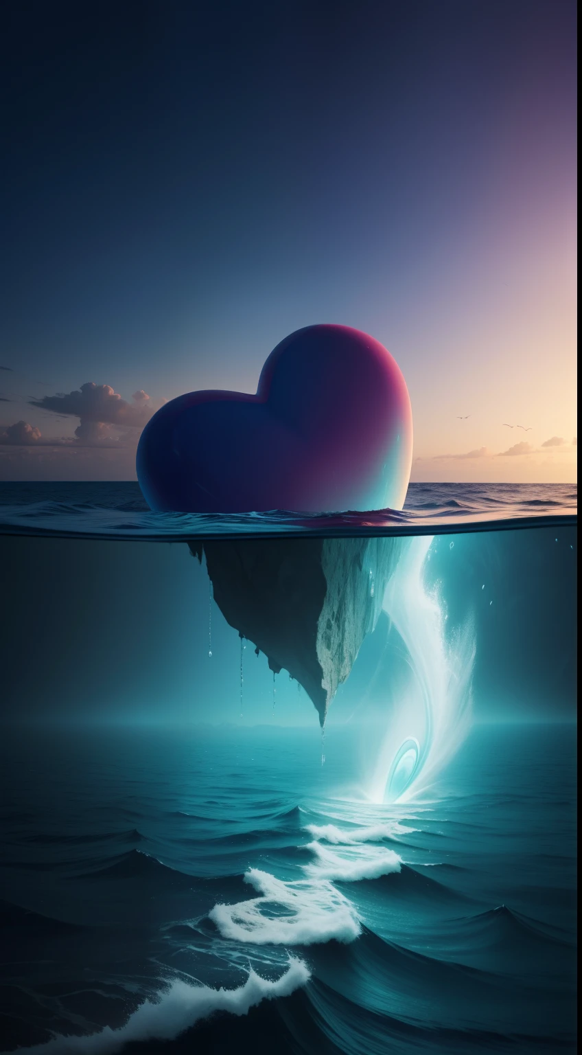 A heart that is an ocean, heart with an ocean inside, Surrealist heart, arte de fantasia, Cinema 4D, pintura fosca, polido, Beautiful, colorido, intrincado, Eldritch, Ethereal, vibrante, Surrealismo, Surrealismo, vray, Nvdia Ray Tracing, Cryengine, magica, 4k, 8k, master part, Cristal, Romantismo