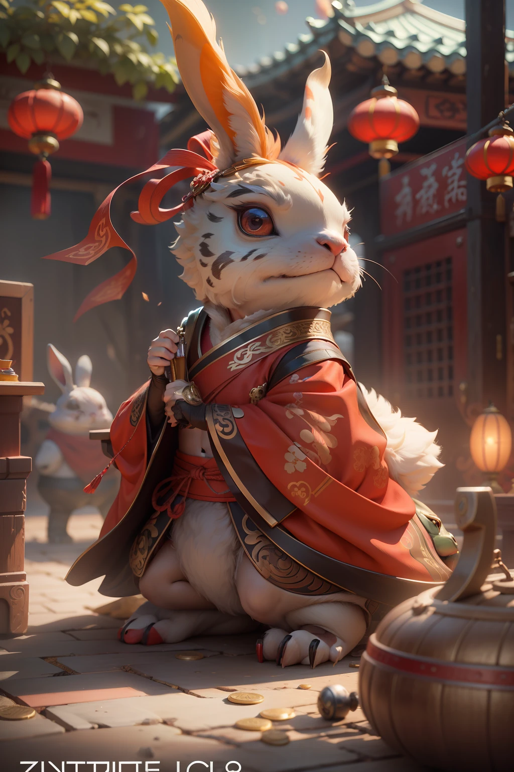 anthropomorphic turtle,Little cute cute little bunny,Wearing elegant red Hanfu,Take gold ingots,The ground is covered with gold coins,silkouette,fluffy mane,largeeyes,Red Wall,Chinese culture,zbrush,Dramatic lighting,full-body portraits,hentail realism,finedetail,photographrealistic,Film illumination,complexdetails,rendering by octane,unreal-engine,8K --ar 9:16 --testp --upbeta