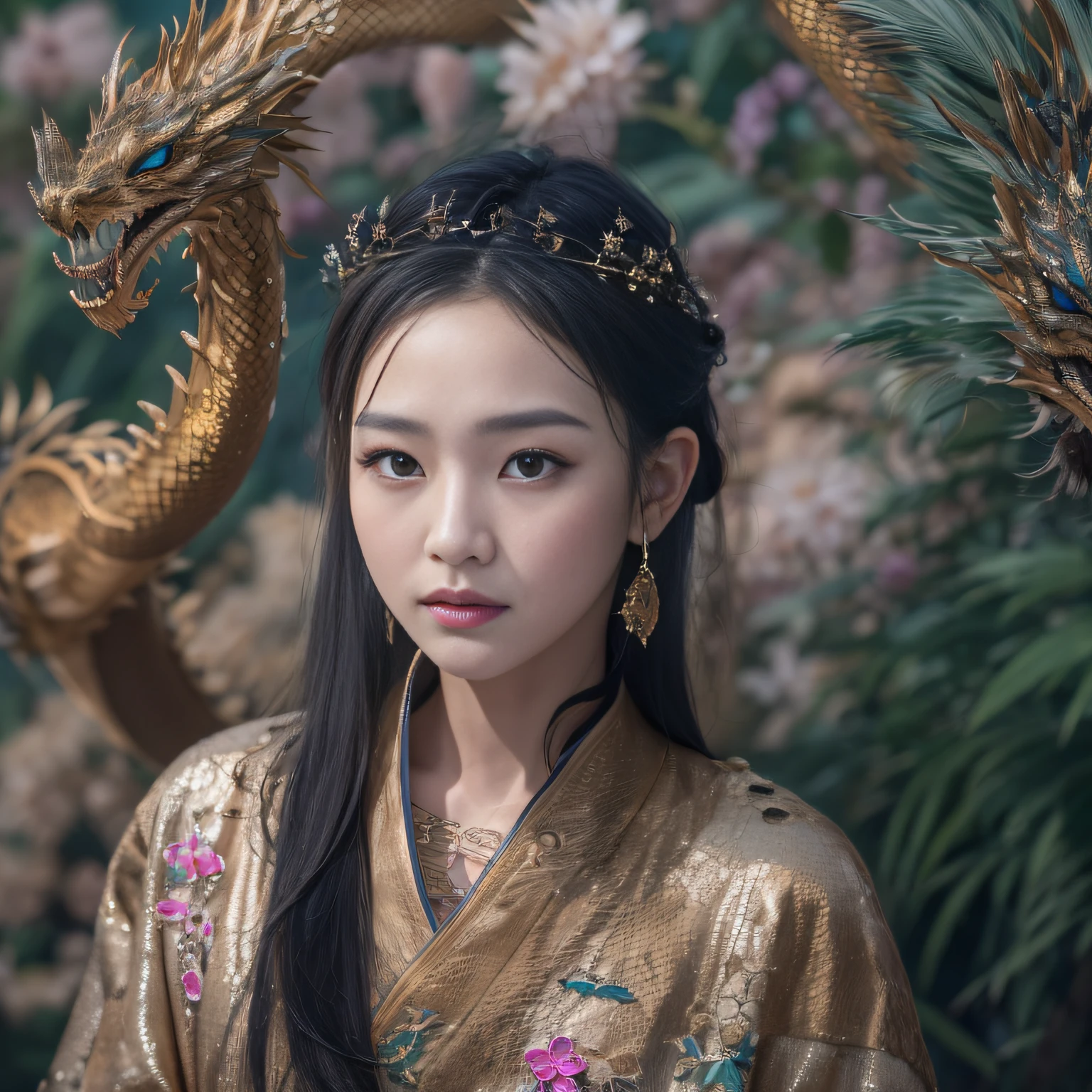 32k(tmasterpiece,k hd,hyper HD,32k)Long flowing black hair,ponds,Xuzhou girl ,Bronze Dragon Protector (realisticlying:1.4),Python pattern robe,Purple-pink tiara,Snowflakes fluttering,The background is pure,Hold your head high,Be proud,The nostrils look at people, A high resolution, the detail, RAW photogr, Sharp Re, Nikon D850 Film Stock Photo by Jefferies Lee 4 Kodak Portra 400 Camera F1.6 shots, Rich colors, ultra-realistic vivid textures, Dramatic lighting, Unreal Engine Art Station Trend, cinestir 800,Hold your head high,Be proud,The nostrils look at people