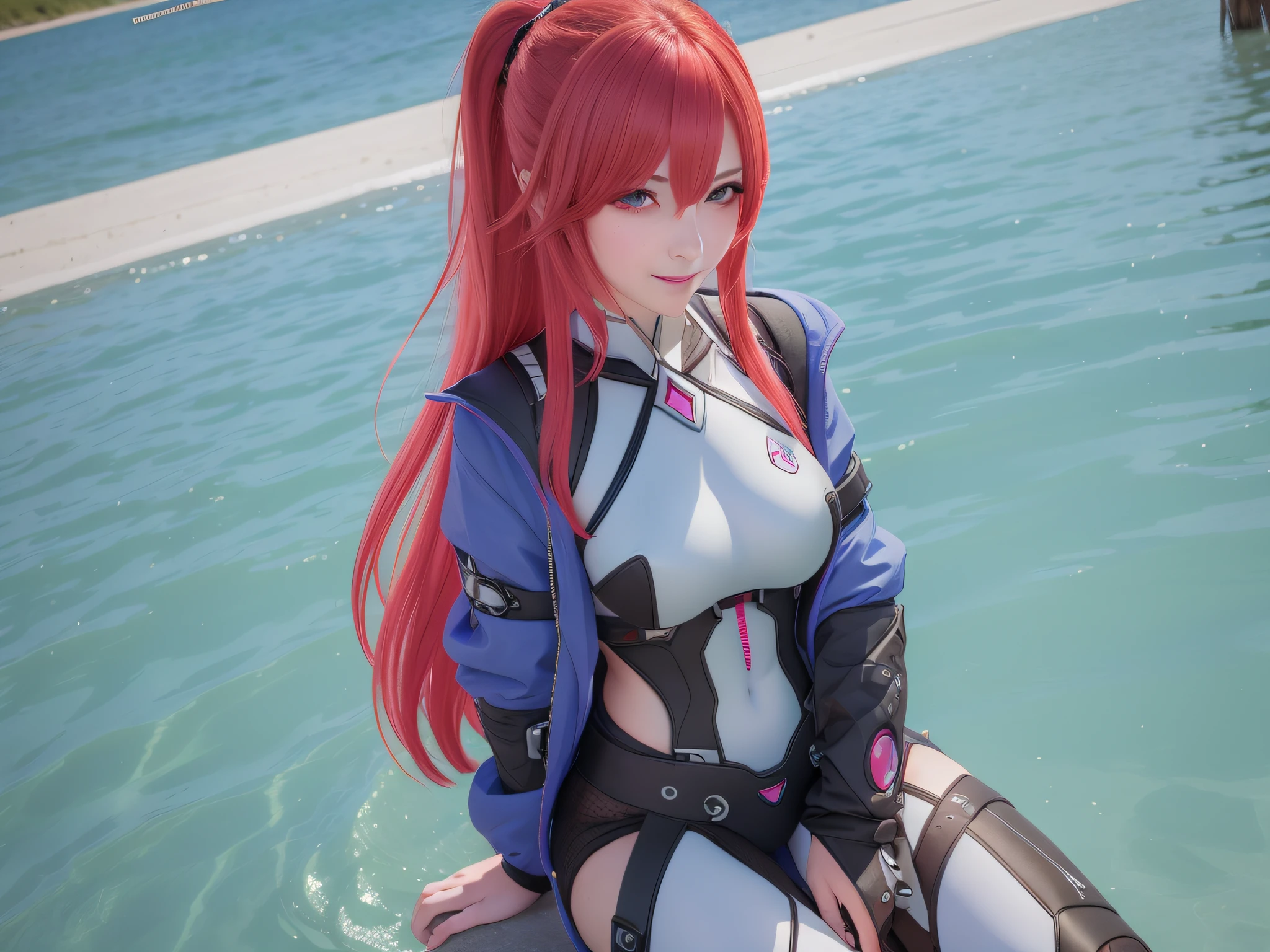 female, glaze, smile, beauty, long hair, feminim, wear battlesuite, sit on the lake, photorealistic, masterpiece