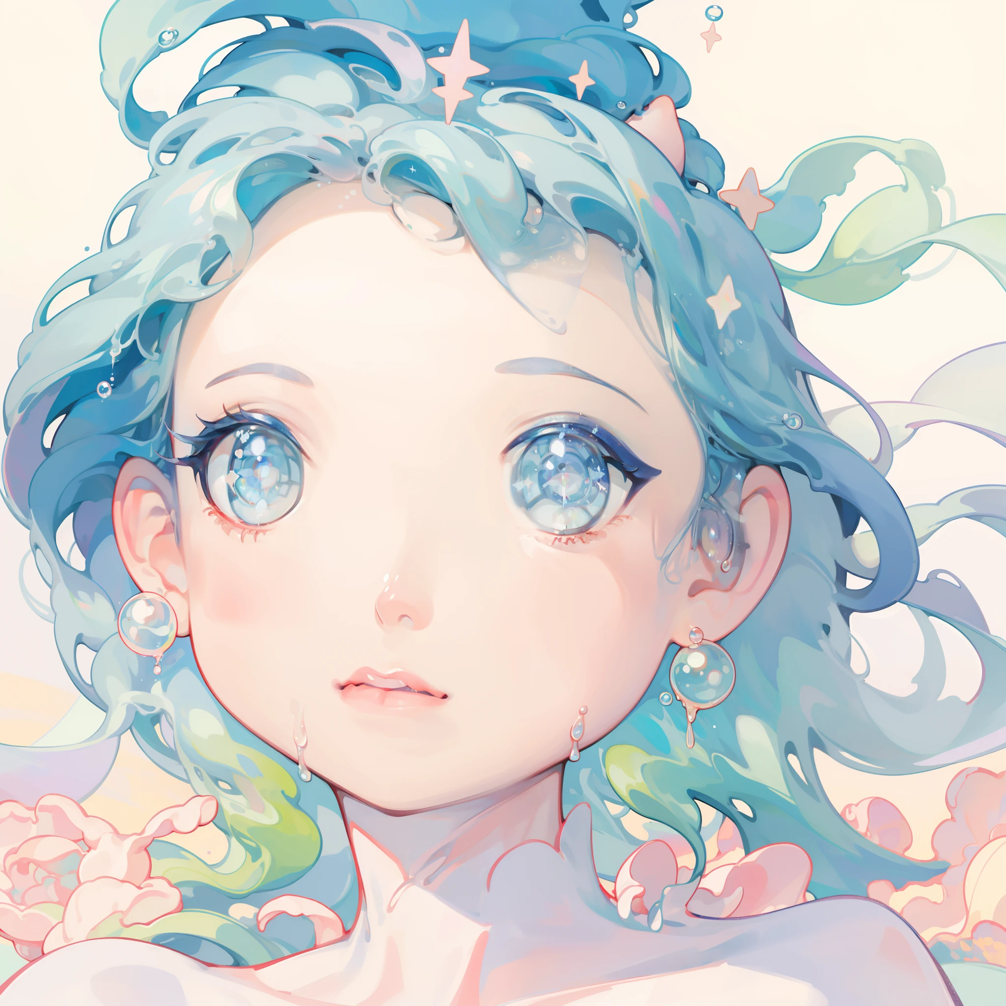 Masterpiece, Best quality, 8K resolution, Sharp focus, intricately details, Beautiful girl, Sparkling eyes, golden-ratio face, Otherworldly liquids, aquarelle, Pastel colors, Bright colors, Whimsical, Colorful, Sharp focus, high resolution, finedetail, Liquid prom dress, ((Round eyes)), Rainbow-colored bubbles