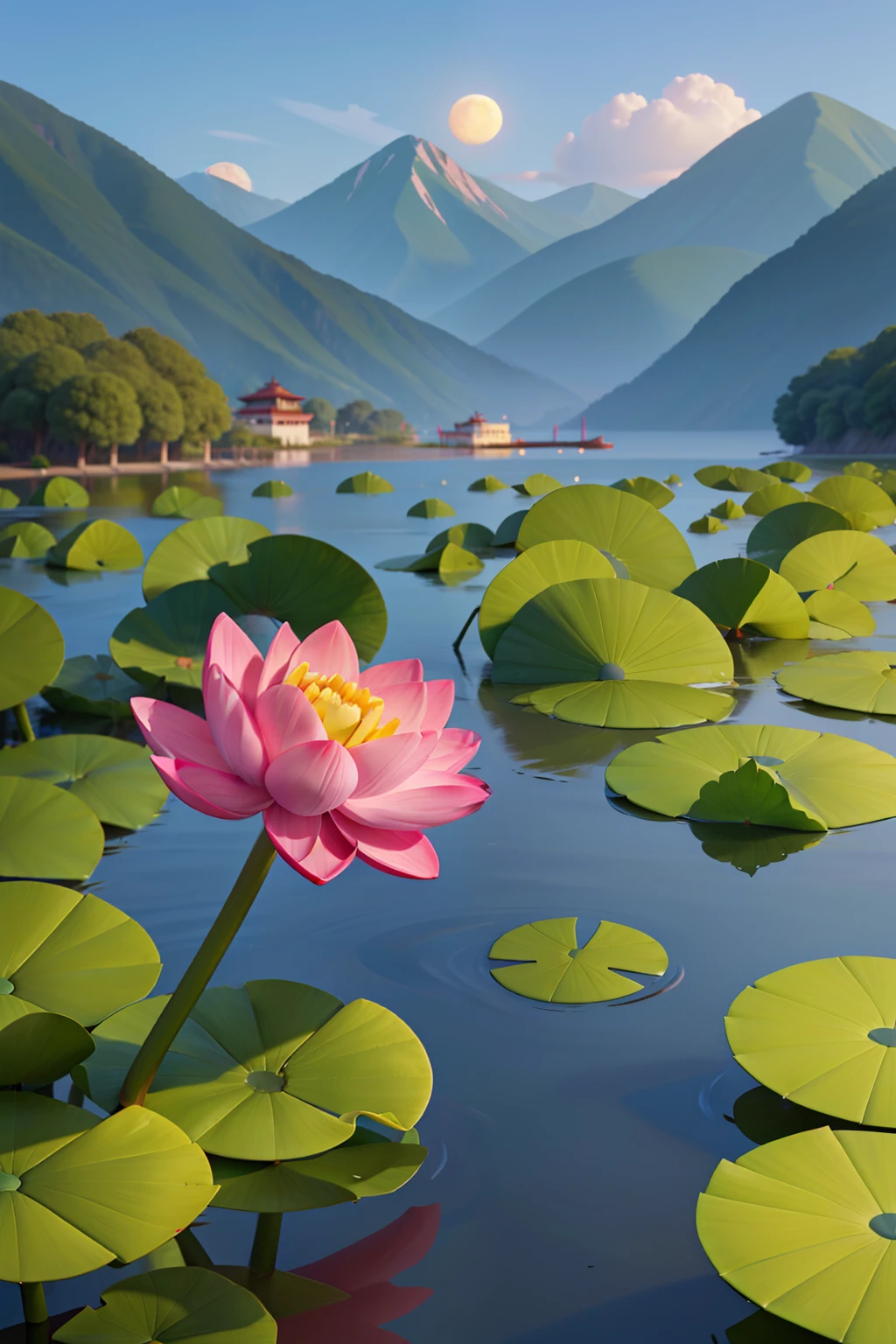 Draw a lotus flower with a pink color on a piece of paper, There are green lotus leaves under and around the lotus flowers,One of them is a large water lily,It is surrounded by green pointed lotus leaves that have just emerged from the water, There are several green lotus canopies, There is a gray arched bridge in the distance,There is a black mountain in the distance,There's a lighthouse on it,Another bright yellow moon in the sky,There is a feeling of clouds chasing the moon。Verse in the sky:Su shi《Drink the lake after the first sunny rain two songs》 The water is bright and the sun is good,The mountains are rainy and strange. Want to compare West Lake to Xizi,Light makeup is always best。