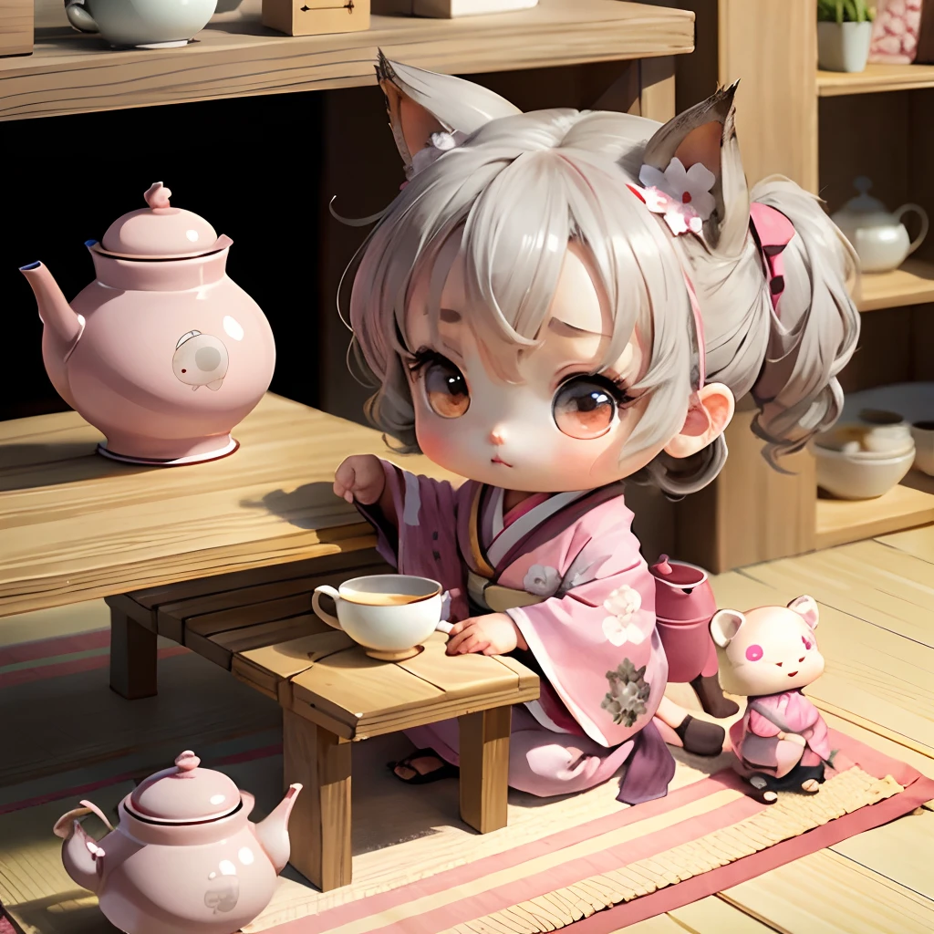 Cute  chibi anime, grey and pink kimono, sit in the teapot thank you note