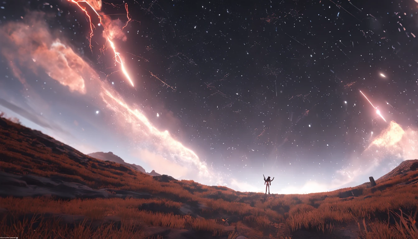 Dutch angle,Facing away,femele,extra very long hair,full bodyesbian,The background is a dark and endless starry sky,ultra-wide-angle,From below,ssee-through,(Movie light,volumettic light,toplight)illusory engine, wlop and ross thran, unreal engine rendered + A goddess, Unreal Engine fantasy art, Ross Tran 8 K, wlop jeremy lipkin, artgerm julie bell beeple, best of artstation