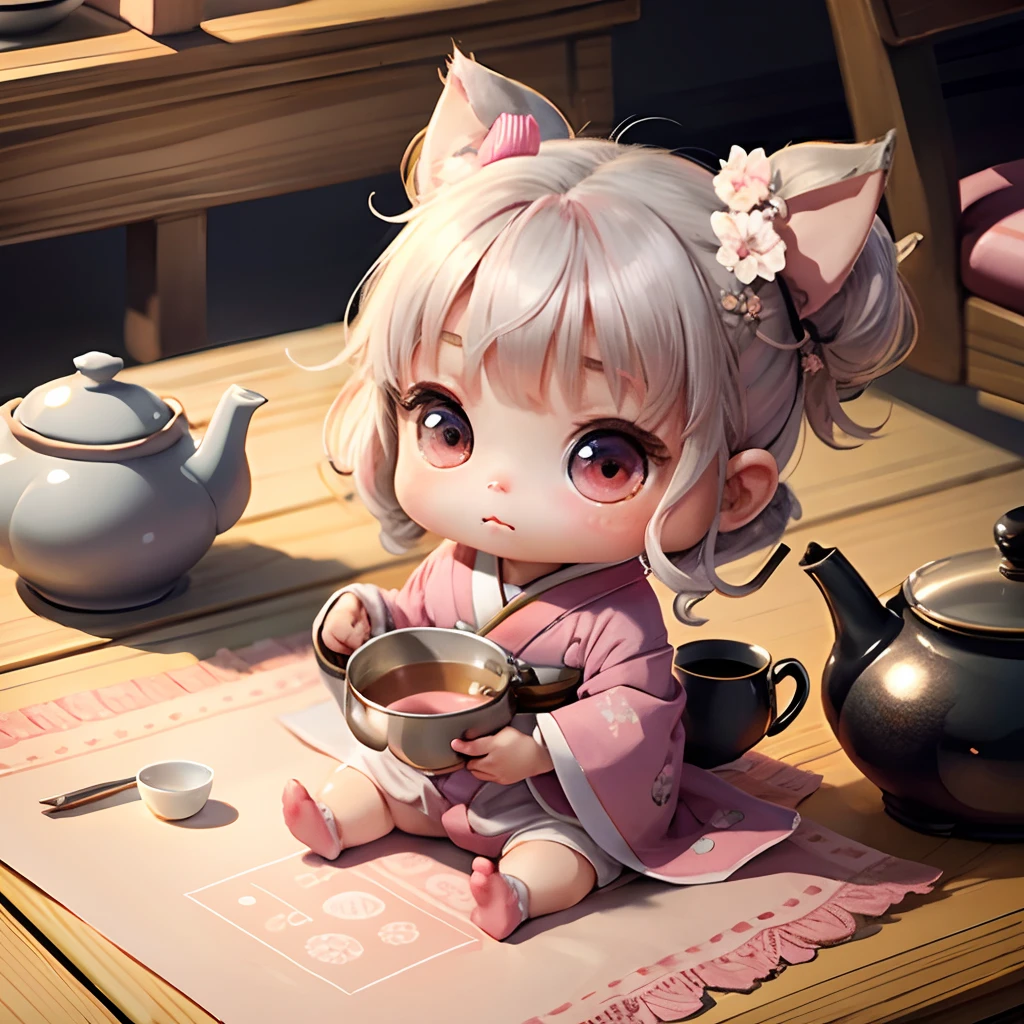 Cute baby chibi anime, grey and pink kimono, sit in the teapot thank you note
