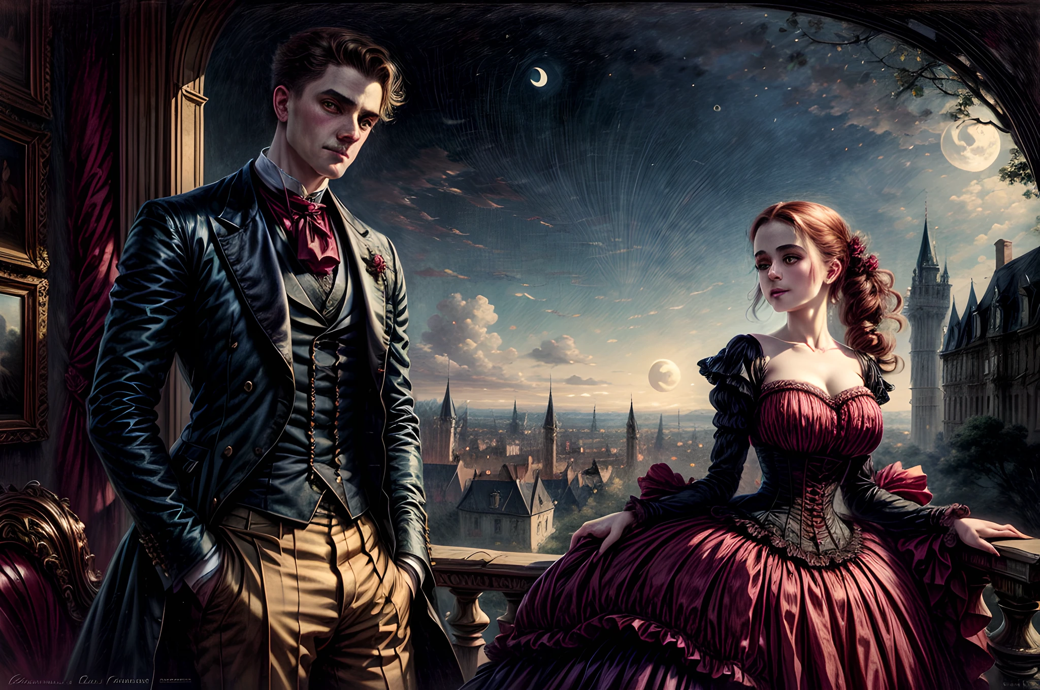 \(Style\): { (masterpiece:1.2, best quality, victorian era, perfect shot) }, \(Composition\): { (couple lovers, 1 male and 1 female, mature man and young girl) }, \(Appearance\): { (mature vampire male with red eyes and dark hair: 1.2), (girl with red hair and bright green eyes: 1.2), (the girl is wearing a open sleeveless burgundy dress: 1.0) (tall male vampire in an elegant Victorian suit: 1.2) }, \(Location\): {( evening time, the moon rises above the horizon, a Gothic castle in the background)}, a detailed painting, pixiv contest winner, artwork in the style of wlop and sakimichan.