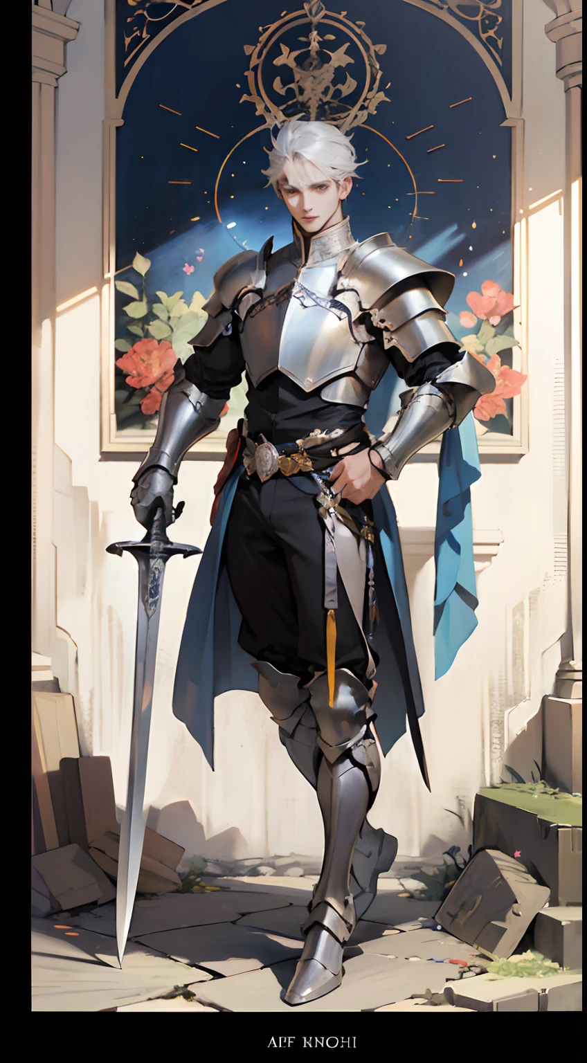 (absurdres, highres, ultra detailed), 1 male, adult, handsome, tall muscular guy, broad shoulders, finely detailed eyes and detailed face, the knights \tarot\, royal knight, full body silver armor, sword, Symbolism, Visual art, Occult, Universal, Vision casting, Philosophical, Iconography, Numerology, Popularity, Artistic, Alfons Mucha