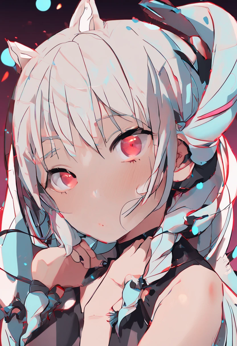 black hair, hair bobbles, wince, longeyelashes, solid circle eyes, fake animal ears, big boobs, light smile, ear blush, fang, , Surrealism, drop shadow, anaglyph, stereogram, tachi-e, pov, atmospheric perspective, 8k, super detail, ccurate, best quality
