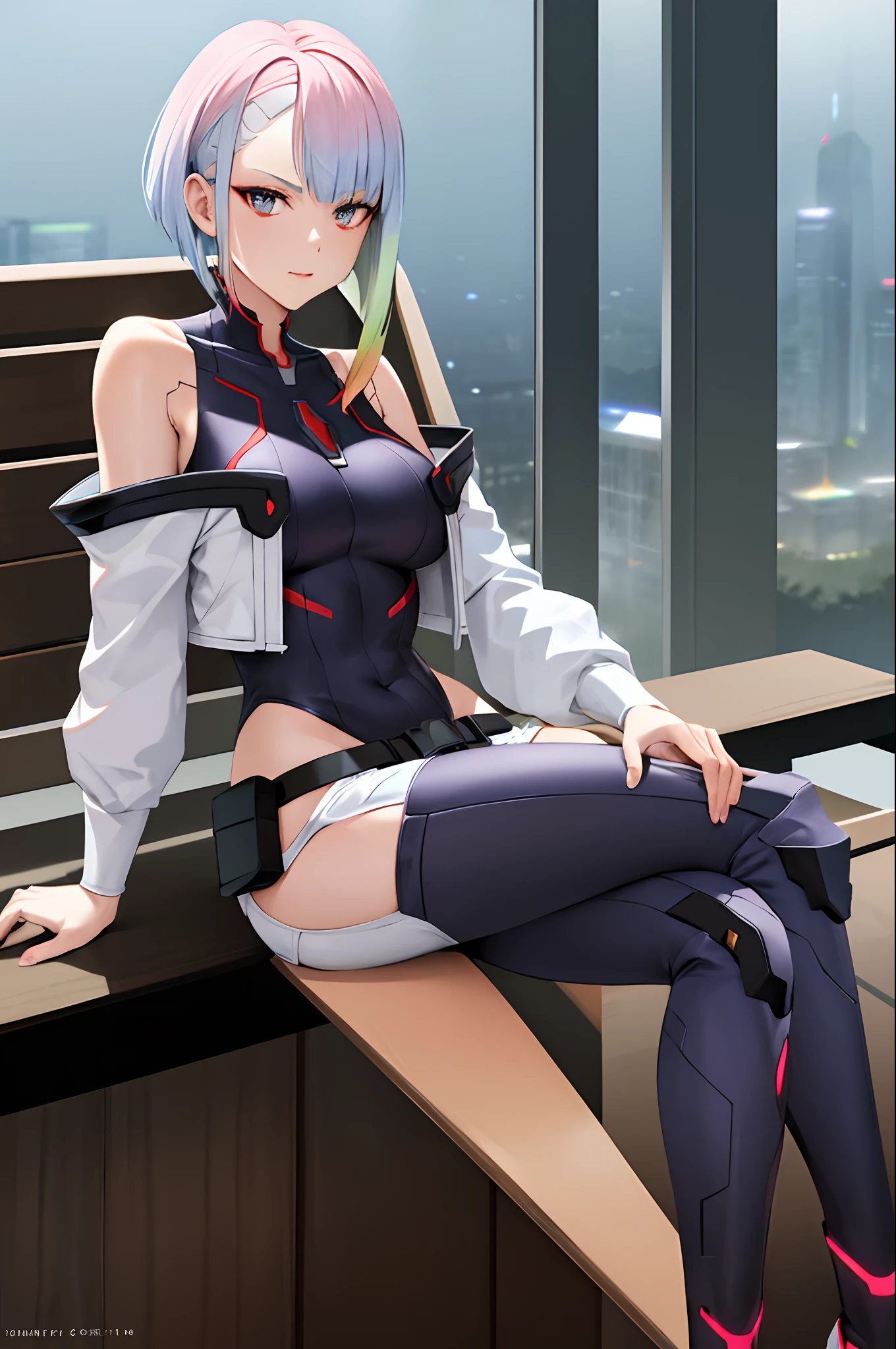 masterpiece, best quality, highres, lu1, cyborg, multicolored hair, makeup, bare shoulders, black leotard, highleg leotard, (thong:1.1), white jacket, open jacket, belt, shorts, cowboy shot, cyberpunk, sitting, crossed legs, bench,