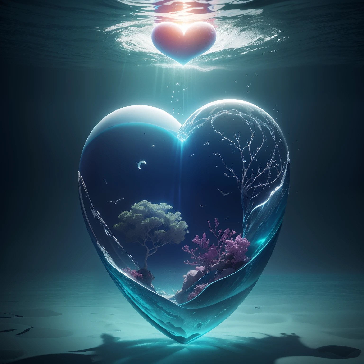 A heart that is an ocean, heart with an ocean inside, Surrealist heart, Arte de Fantasia, Cinema 4D, tinta escura, polido, Beautiful, Colouring, intrincado, Eldritch, Ethereal, Vibrando, surrealismo, surrealismo, vray, Nvdia Ray Tracing, Cryengine, magia, 4k, 8k, master part, cristal, Romantismo