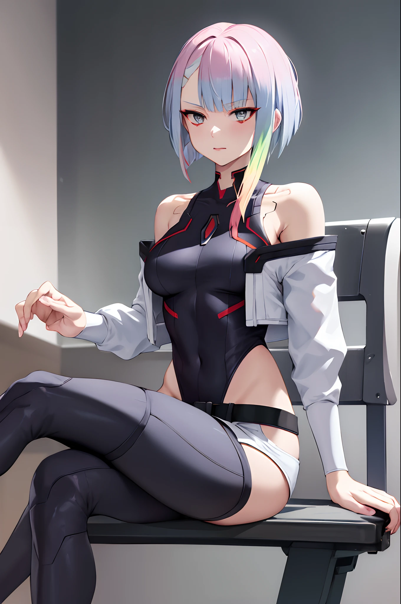 masterpiece, best quality, highres, lu1, cyborg, multicolored hair, makeup, bare shoulders, black leotard, highleg leotard, (thong:1.1), white jacket, open jacket, belt, shorts, cowboy shot, cyberpunk, sitting, crossed legs, bench,