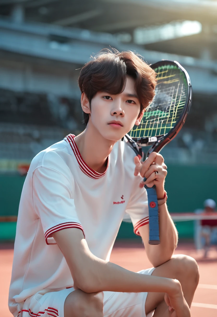 There is a man sitting on a tennis court holding a tennis racket, Cai Xukun, Kim Do-young, 8k selfie photograph, Shin Jinying, xintong chen, Inspired by Bian Shoumin, steve zheng, hyung tae, Male ulzzang, shaxi, 1 7 - year - old boy thin face, yanjun cheng, pinging