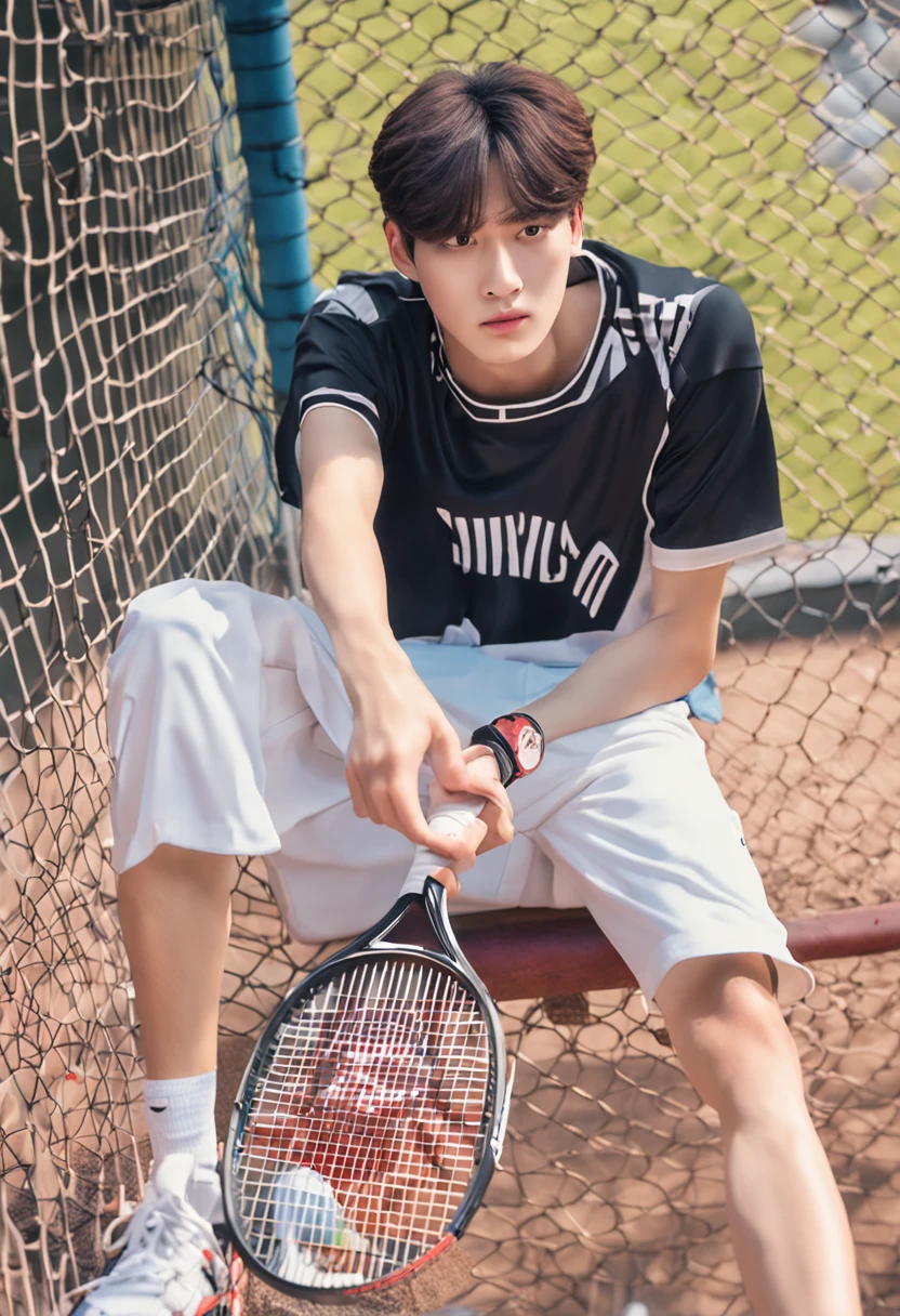 There is a man sitting on a tennis court holding a tennis racket, Cai Xukun, Kim Do-young, 8k selfie photograph, Shin Jinying, xintong chen, Inspired by Bian Shoumin, steve zheng, hyung tae, Male ulzzang, shaxi, 1 7 - year - old boy thin face, yanjun cheng, pinging