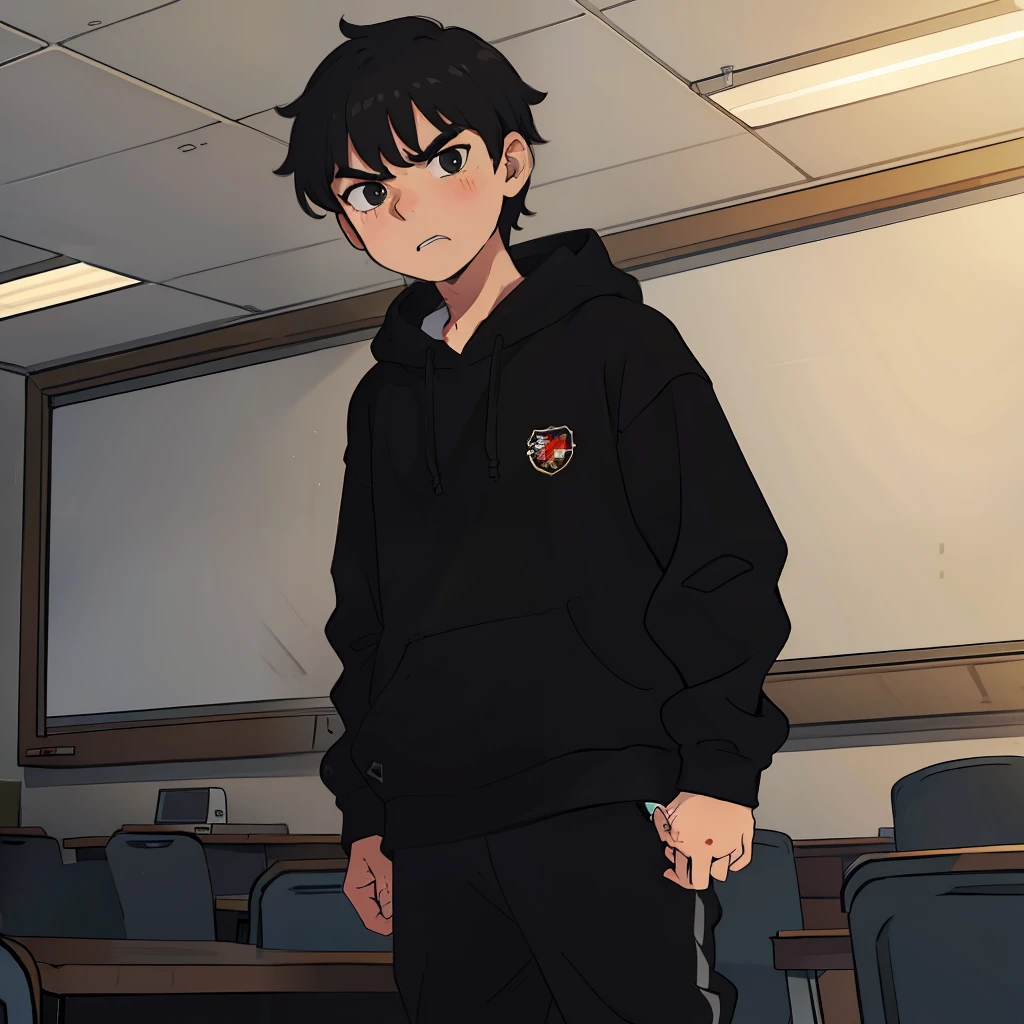 best qualityer,One was wearing a black sweatshirt,Boy with short black hair,Angry expressions,Sharp eyes,in class room,standing on your feet