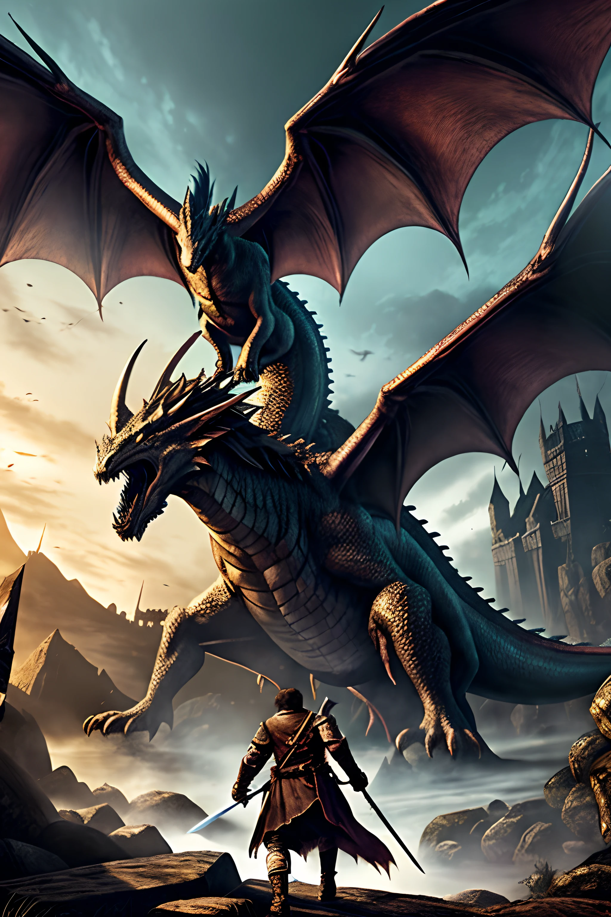 Giant ink dragon fighting a giant skeleton