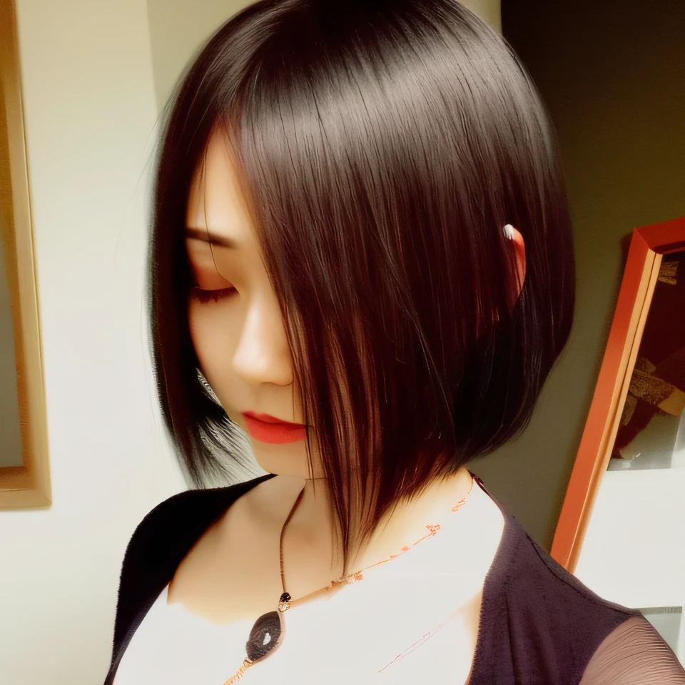 There is a woman wearing a black top and necklace, With short hair, A dark-haired, with black hair, sui ishida with black hair, Black bob hair, black hime-cut hair, Black bob cut hair, Ayami, A dark-haired, Ayaka, straight dark-hair, with black, bob cuts, Black shiny bob haircut, Bob Cut Hair,Black blindfold,