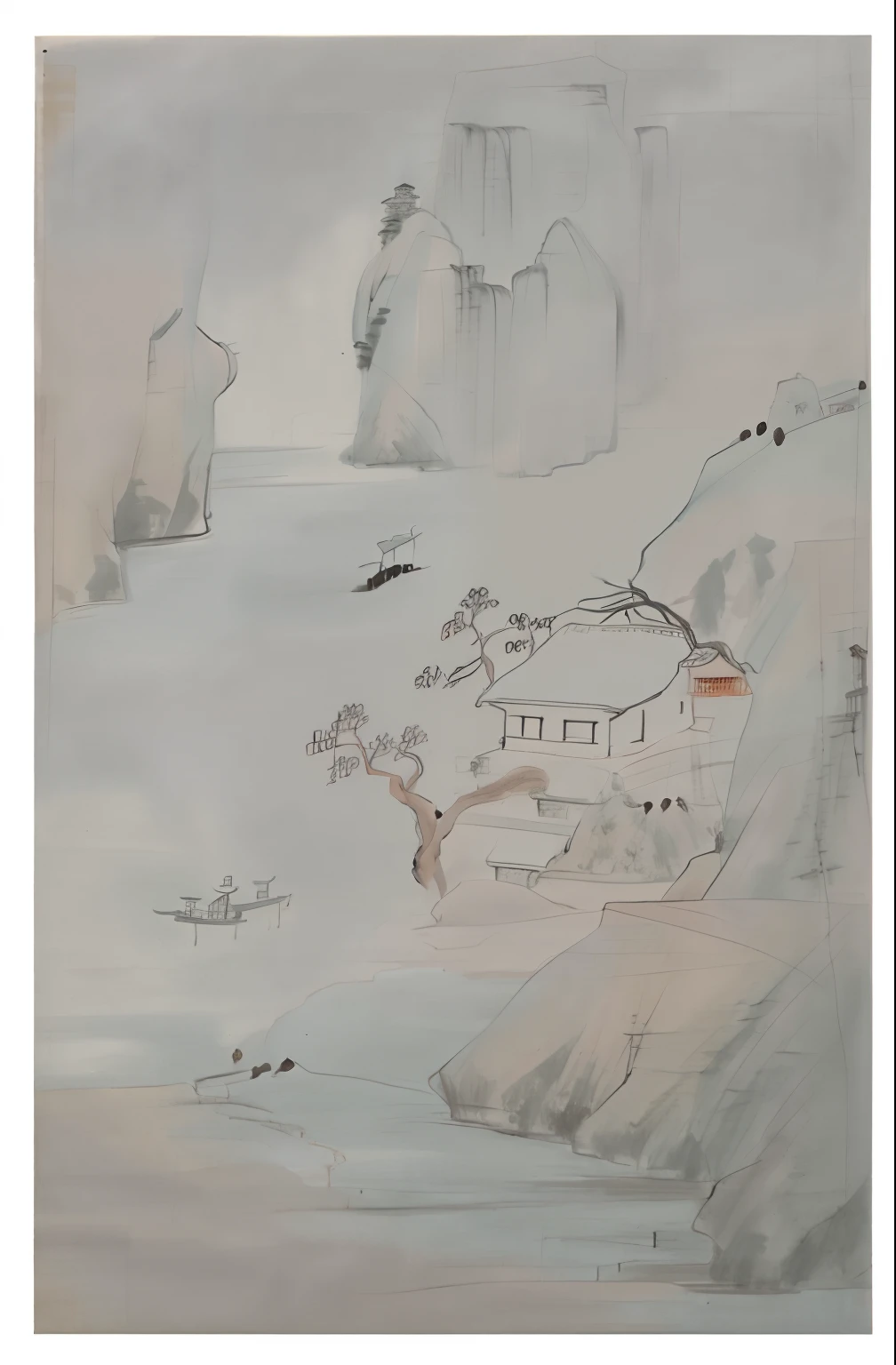 Chinoiserie style,Close-up moored on the boat,Ancient house in the middle view,Vista landscape waterfalls,Gongbi ink