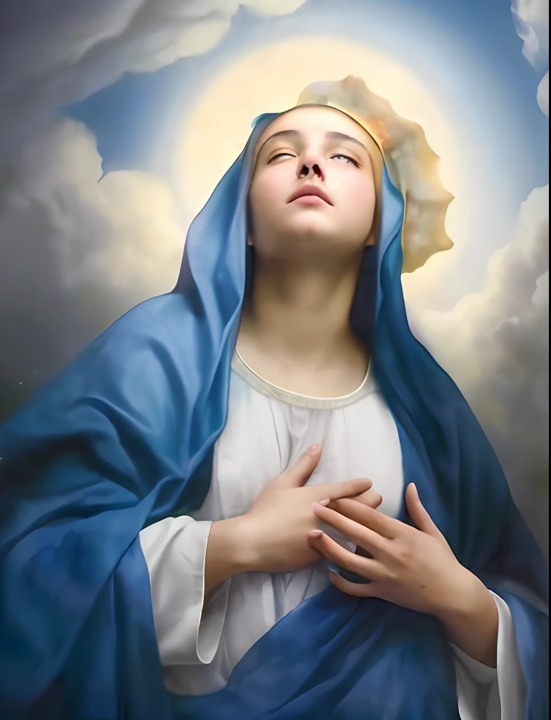 (((Blessed Virgin Mary. 19 years old))) ((( Con una cara seria y piadosa. Con una mirada dulce y tierna))) (obra maestra, calidad superior, mejor calidad, arte oficial, beautiful and aesthetic: 1.2), (1girl), extremadamente detallado, (Arte fractal: 1.3), colorido, highest detailed, Cara perfecta, parte superior del cuerpo, HDR, (orando: 1.3), (golden lines of white coat: 1.2), galaxia, (rayas de luz), eye-catching visuals, (dynamic stripes, senderos luminosos: 1.2), colores vibrantes,