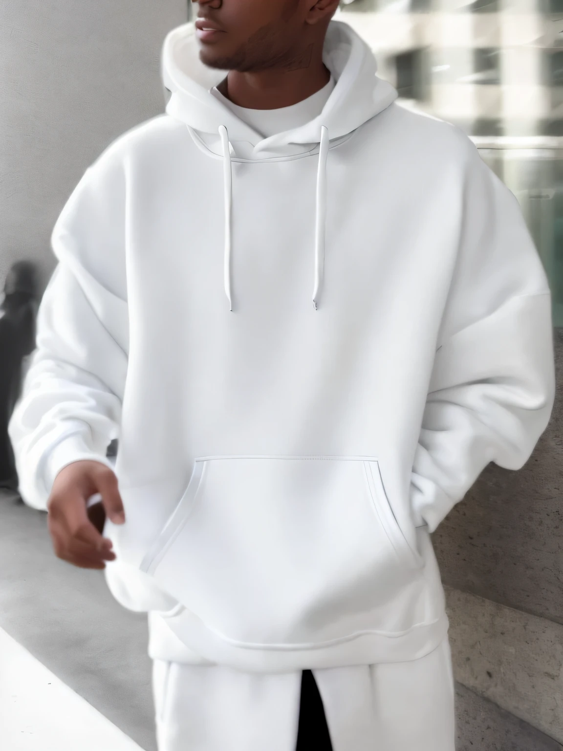 Arafeld men in white hoodies walk down the street, Wear a white hoodie, wearing an oversized hoodie, White hoodie,White hoodies, White oversized clothes, hoodie oversized, Wear a white hoodie, White clothing, wearing hoodie, casual streetwear, casual white garment, trending on r/techwear outfit, Hoodie, Wearing a hoodie, Wear jeans and a white hoodie