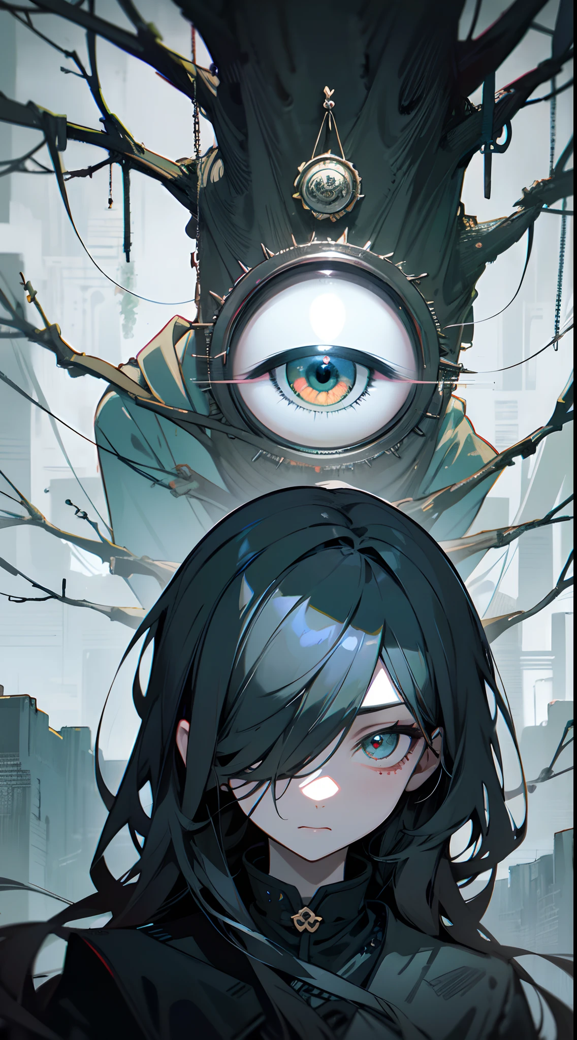 Image of a tree with eyes hanging from the branches, in the style of dystopian realism, drip painting, dark and gritty cityscapes, eerily realistic, hauntingly beautiful illustrations, shiny eyes, fantasy illustrations with an eye on it, eyeball growing form tree branch, eyeball, ( all seeing eye ), all - seeing eye, kaethe butcher, 3rd eye, stalk eyes, single eye, all seeing eye, illustration in pen and ink, inspired by Ren Xun, pen and ink work. sharp focus, No people no face