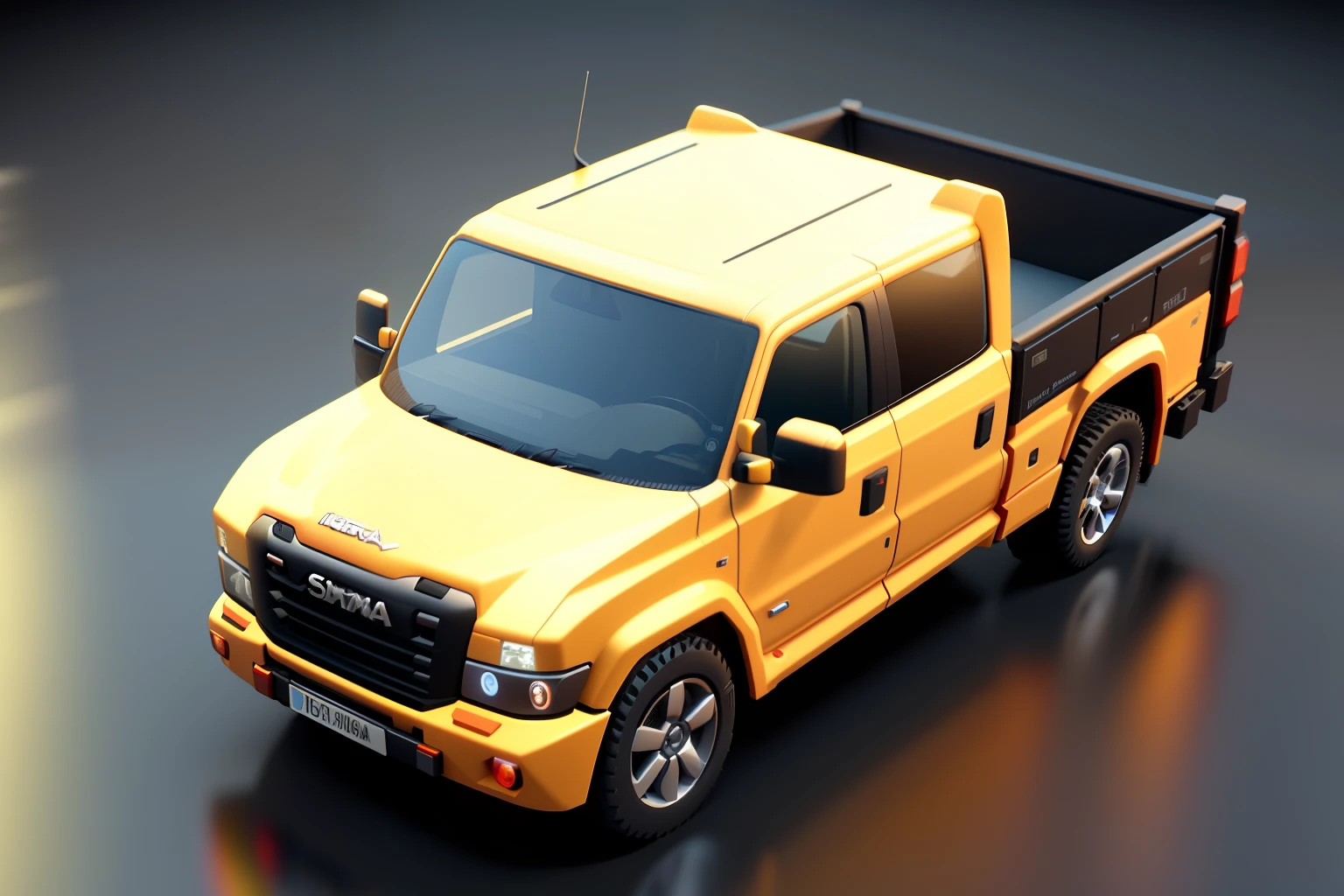 isometric style, 160 graus precisos, arte em poli, 3d rendering stylized, Scania small truck, cena estilizada em 3D, Escuro,