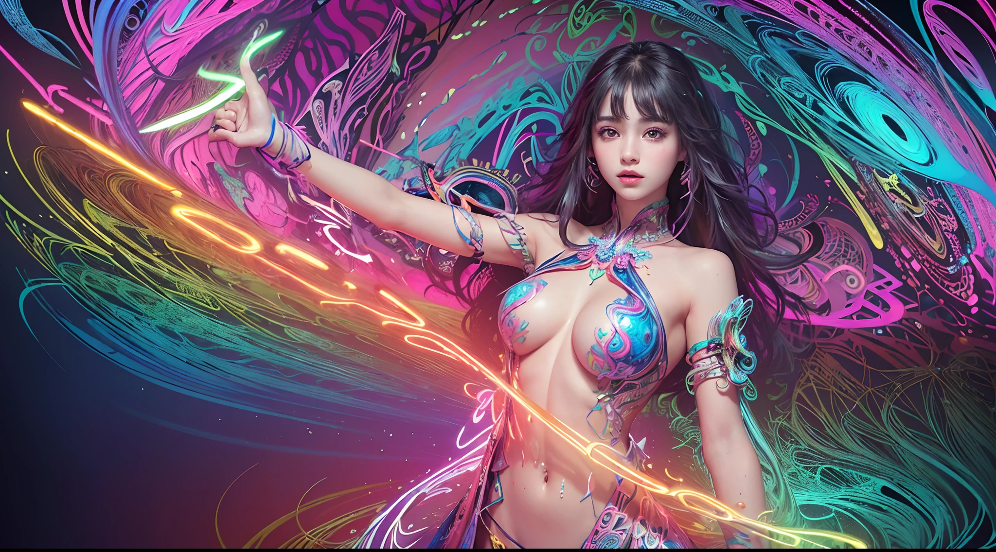 (masterpiece, top quality, best quality, official art, beautiful and aesthetic:1.2), (1girl:1.3), extremely detailed,(fractal art:1.2),colorful,highest detailed,( zentangle neon:1.2), (dynamic pose), (abstract background neon:1.5), (treditional dress:1.2), (shiny skin), (many colors:1.4), upper body ,Neon,16K,Full HD