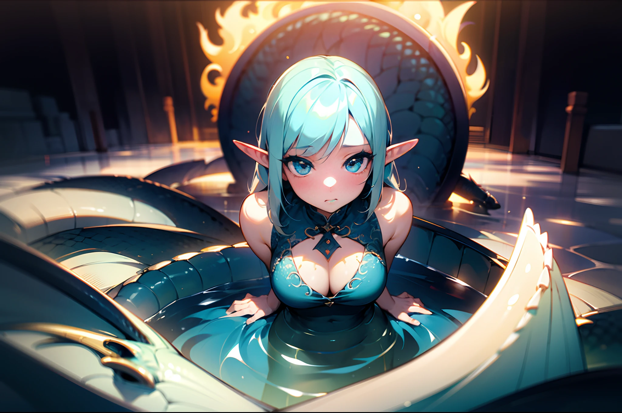 (Original Character、Unity 16K Wallpaper, Masterpiece, Best Quality, Ultra-Detailed, Extremely Detailed CG, Caustics, Cinematic Lighting, Detailed, Beautiful Detailed Eyes, solo), Ultra High Resolution, fine skin, (elf, curby), (strong light)、((brighten the subject)),outdoors,cleavage,blush,cowboy shot,Mysterious,lake,lying:1.2,((dragon scale covering body view)),(coming out of a portal)