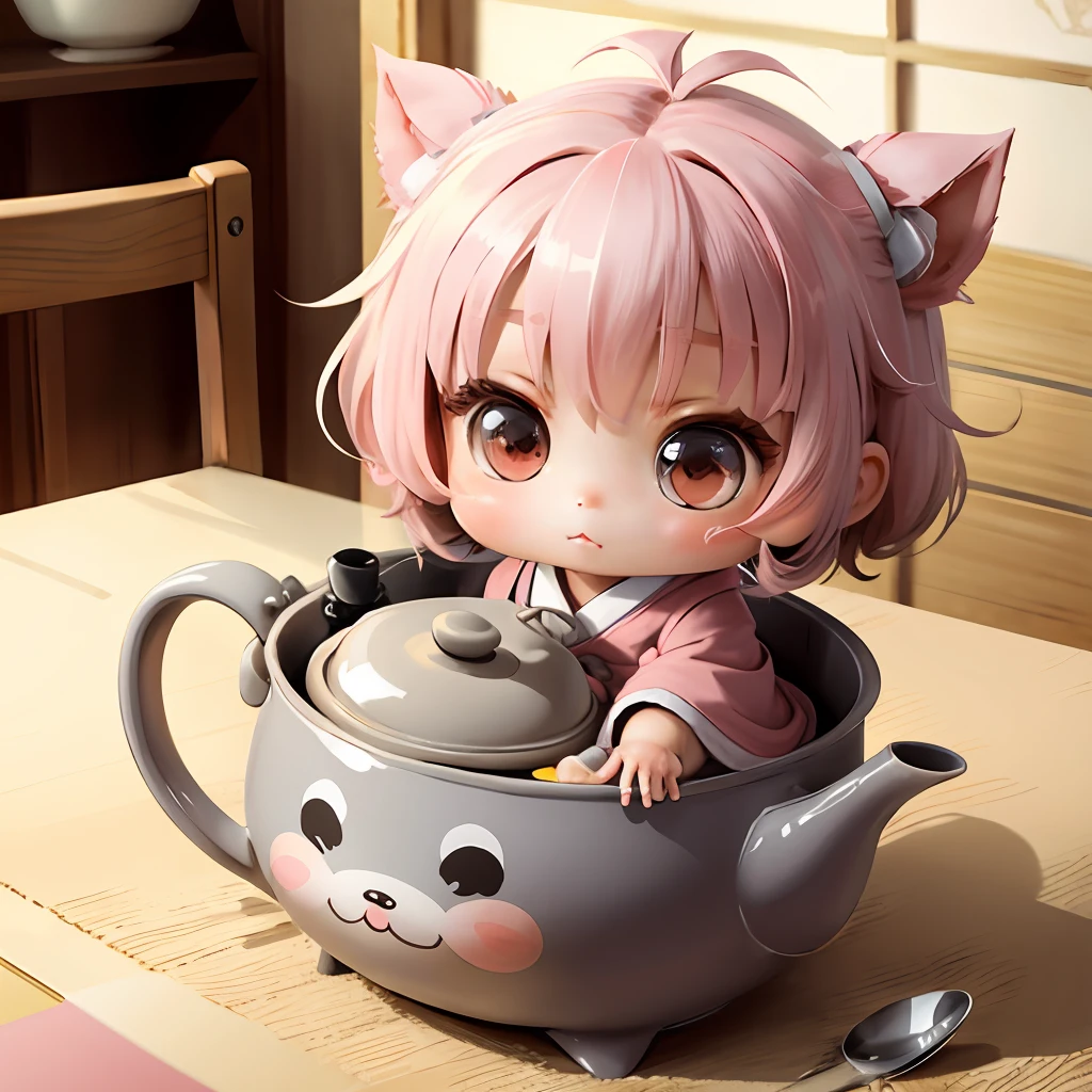 Cute chibi anime, grey and pink kimono, sit in the teapot thank you note