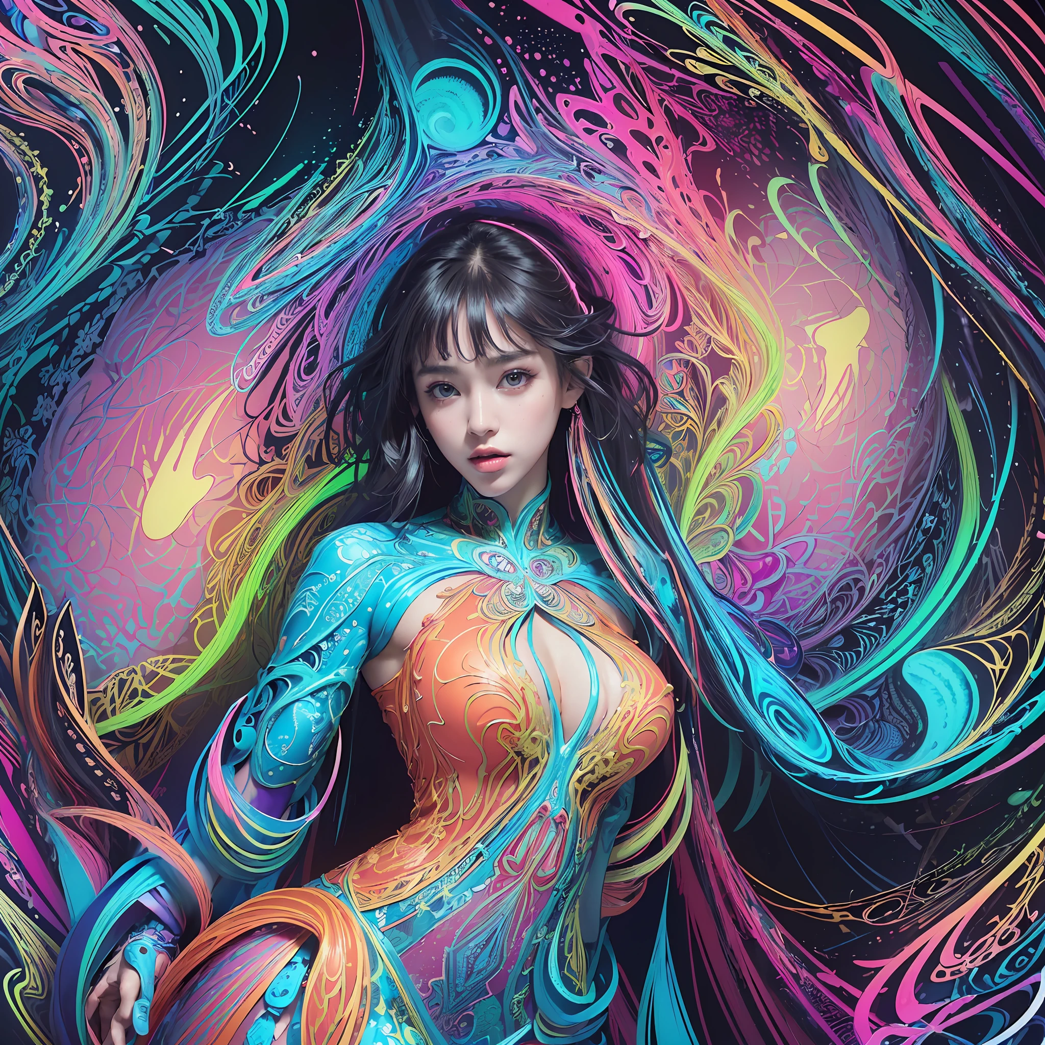 (masterpiece, top quality, best quality, official art, beautiful and aesthetic:1.2), (1girl:1.3), extremely detailed,(fractal art:1.2),colorful,highest detailed,( zentangle neon:1.2), (dynamic pose), (abstract background neon:1.5), (treditional dress:1.2), (shiny skin), (many colors:1.4), upper body ,Neon,16K,Full HD