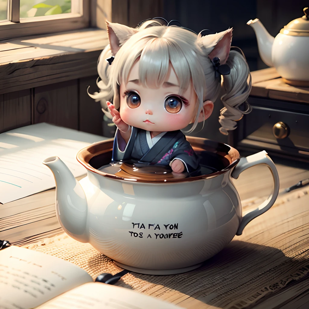 Cute baby chibi anime, grey kimono, sit in the teapot thank you note