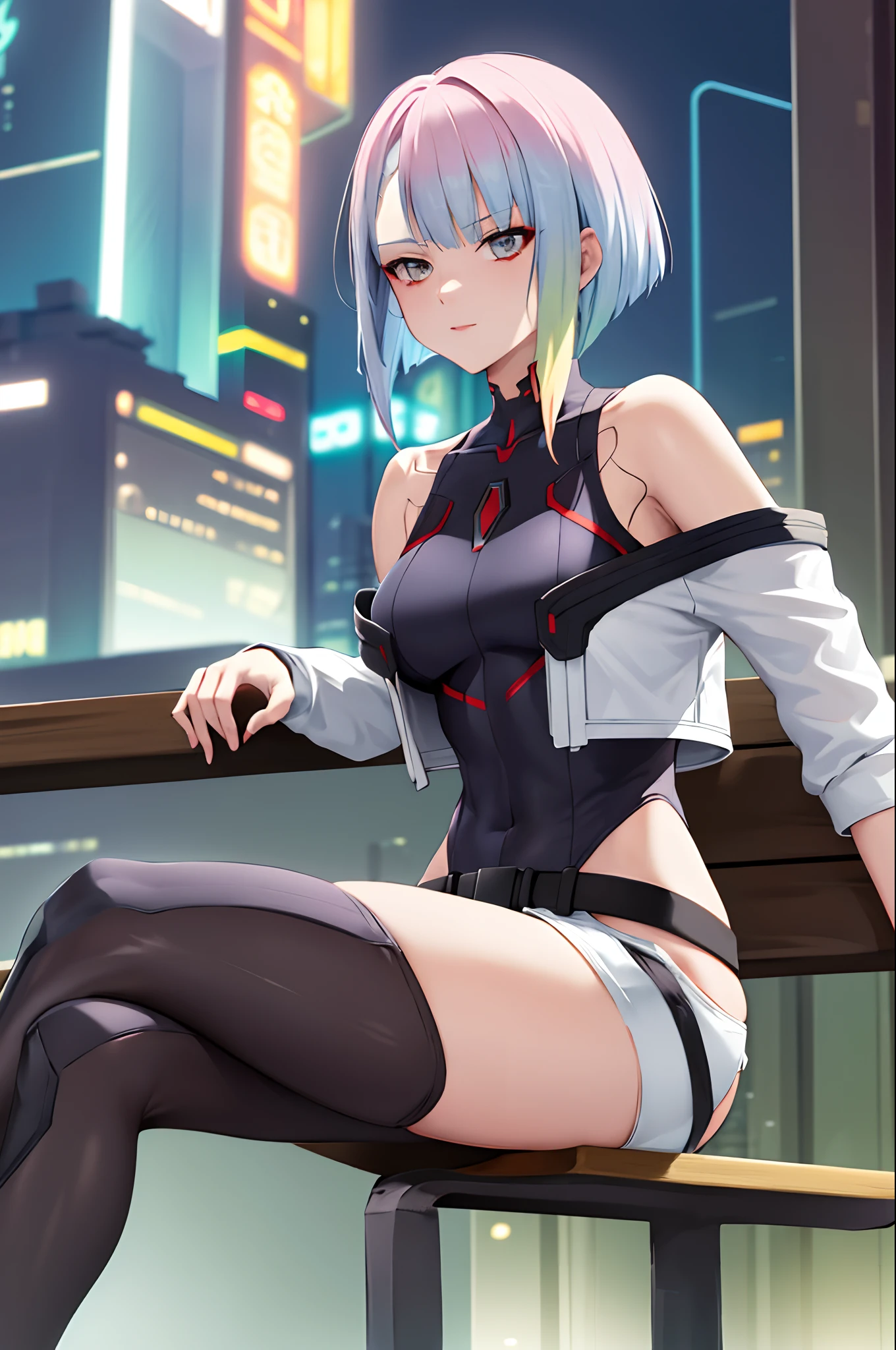 masterpiece, best quality, highres, lu1, cyborg, multicolored hair, makeup, bare shoulders, black leotard, highleg leotard, (thong:1.1), white jacket, open jacket, belt, shorts, cowboy shot, cyberpunk, sitting, crossed legs, bench,