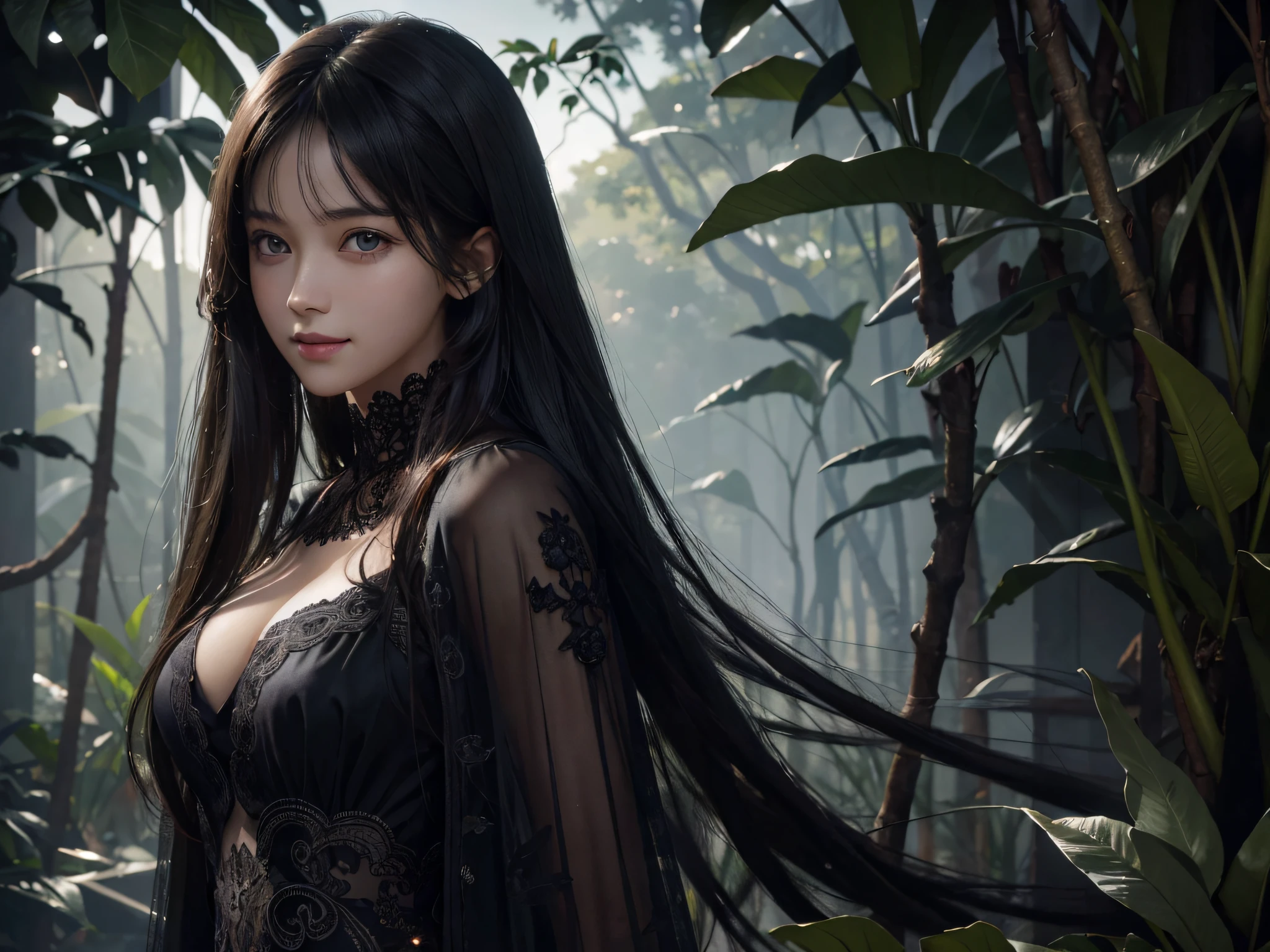 (Ultra Realistic), (Illustration), (Increased Resolution), (8K), (Extremely Detailed), (Best Illustration), (Beautiful and Detailed Eyes), (Best Quality), (Ultra Detailed), (Masterpiece ), ( wallpaper), (detailed face), solo, 1 girl, looking at viewer, fine details, detailed face, in the dark, deep shadows, low key, pureerosfaceace_v1, smiling, long hair, black shawl straight hair , 46 points oblique bangs