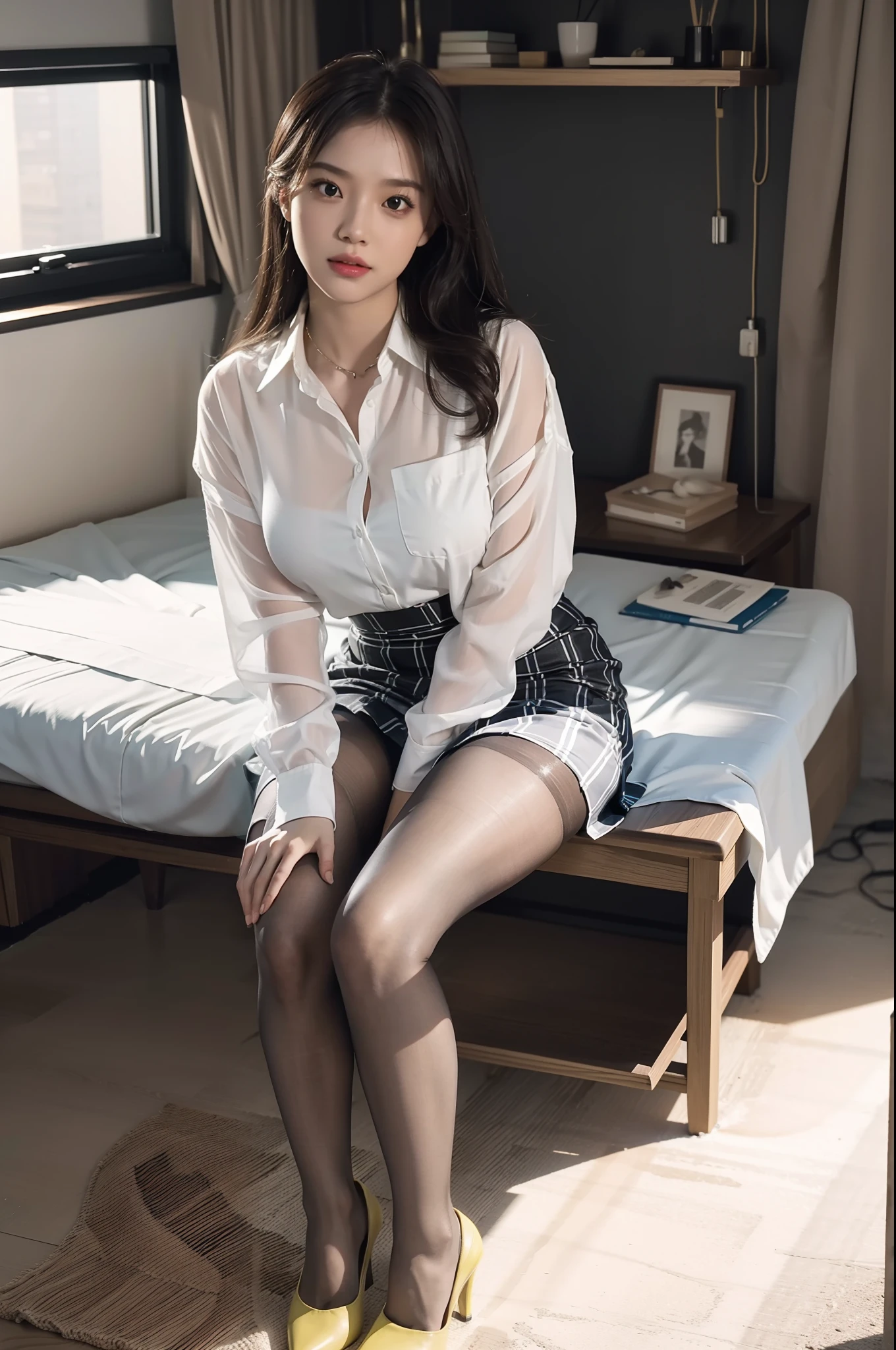 (ultra high definition:1.3), (best quality, 8 thousand), beautiful and cute girl, full body photo, Very beautiful and delicate, sweet, delicate and beautiful fair skin, Detailed facial description, high nose bridge, soft flowing hair, very delicate hair, feminine temperament, face light, tall, thin, really, hyper-really, full body lens, dynamic angle, ultimate picture quality, highest precision, Accurate and perfect human body structure, (Sit on the bed next to the window with your legs spread wide:1.3), (ultra mini clingy skirt :1.3), (White open collar shirt that shows half of her big breasts:1.3), (beautiful body:1.3), (slim legs:1.3), open upper chest, smiling face, (Layered hair:1.3), White socks, (saggy breasts:1.3), thin 다리, Grab your skirt and cover your panties,