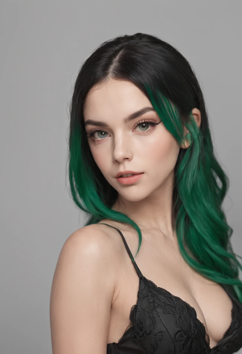 Beautiful girl looks like Billie Eilish, sexy figure, sexy pose, hot clothes, green and black hair, beauty face