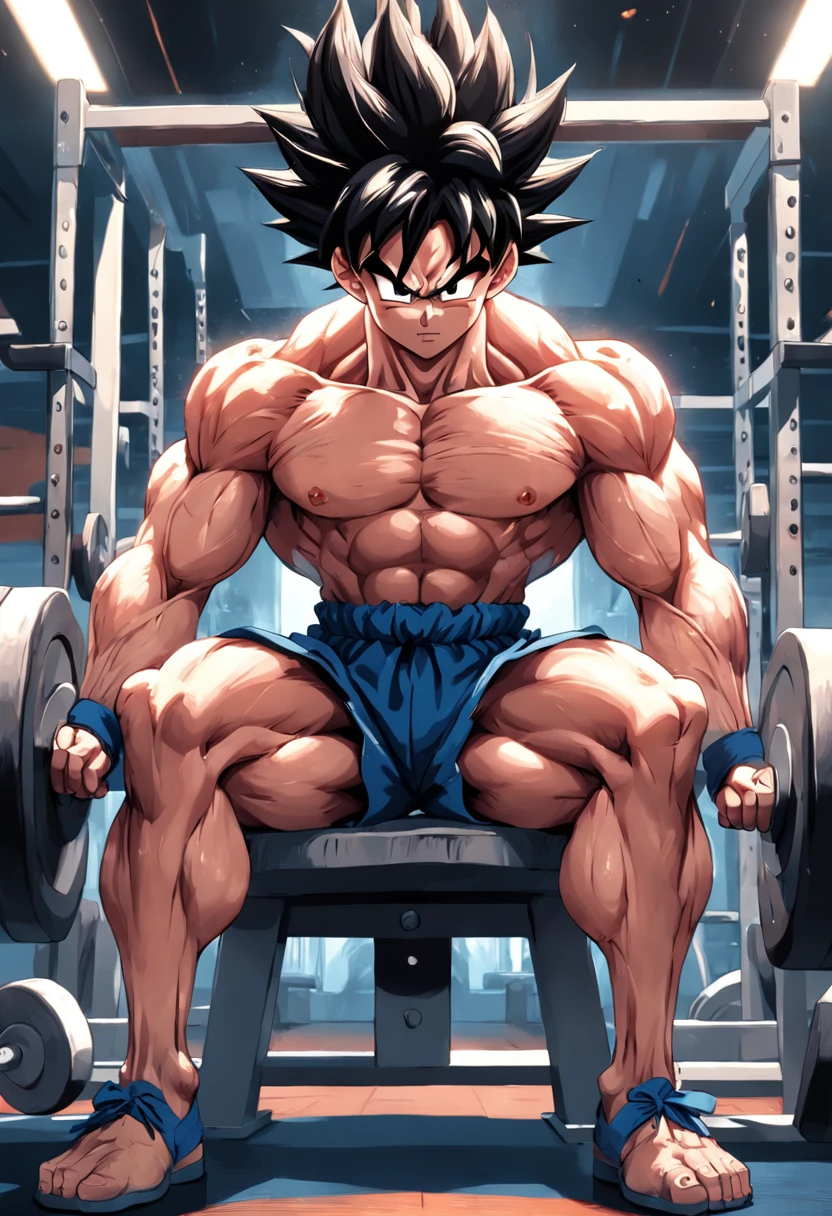(A detailed drawing of bench press Son Goku intensely in the bodybuilding gym.)