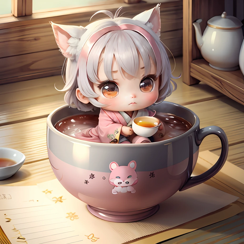 Cute chibi anime, grey and pink kimono, sit in the tea cup thank you note