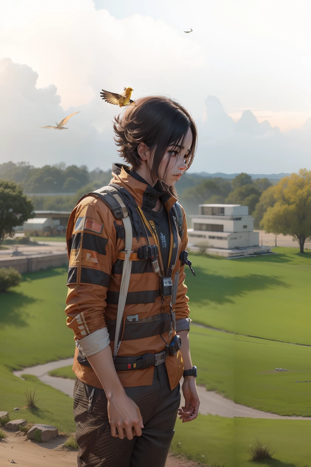 Background change, sci-fi, ultra realistic faice , bird's flying,golden sky,8k