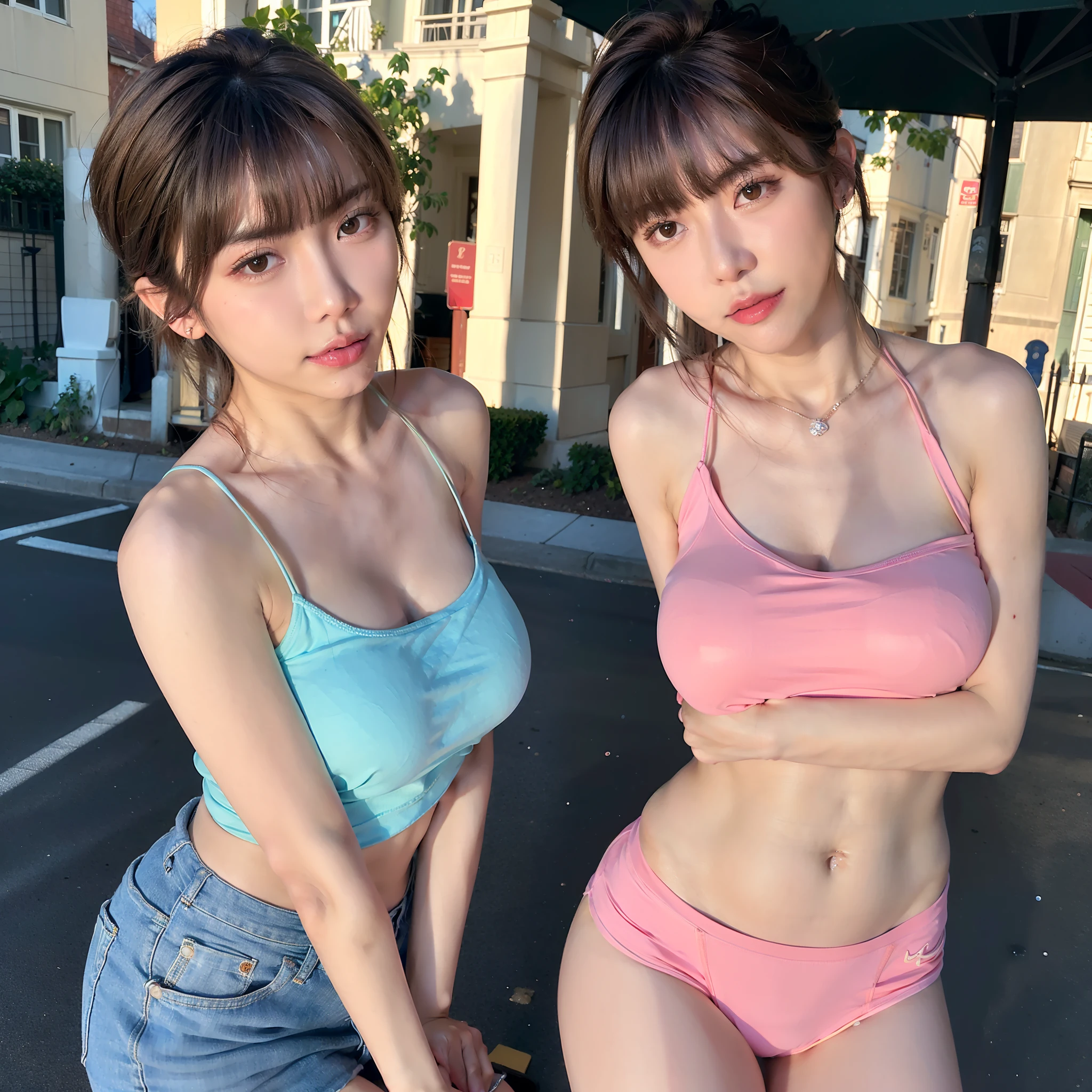 (8K, Raw photo, Best Quality, masutepiece:1.2), (Realistic, Photorealsitic:1.37), Best Quality, 超A high resolution, NFSW Backlit, light leaks, Dynamic lighting, slim, Smooth skin, (pureerosface_v1:1), bond, Navel, Kpop Idol, (Beautiful detailed eyes:1),(beautifull detailed face:1),(Freebuff:1.2), Outdoors, ulzzang-6500, 1girl in, Standing, Upper body, (:1.2), , from the front side, Front view, Looking at Viewer, Huge breasts, arms behind back, Street, Sunlight,