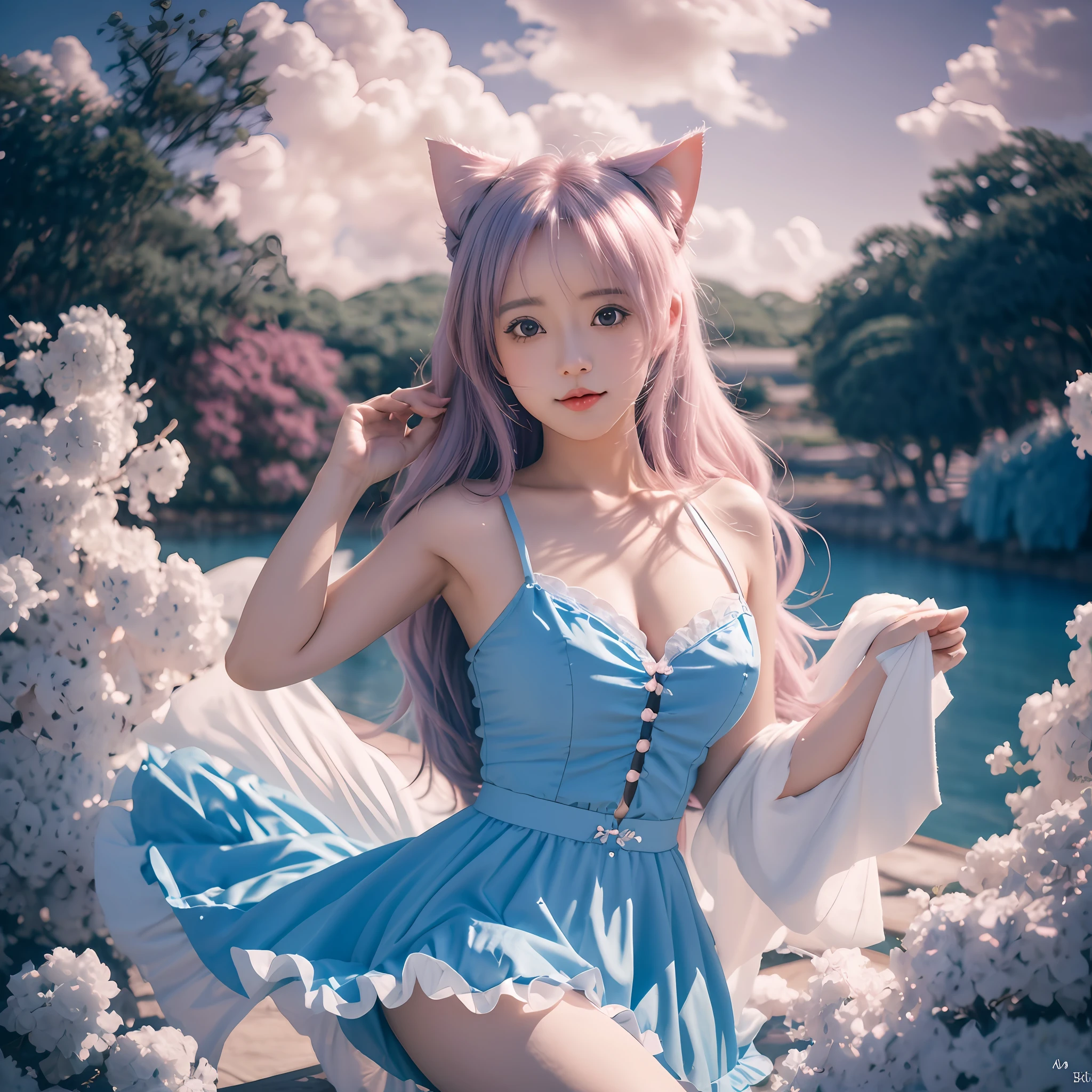 Anime girl in a blue dress standing in front of an overcast sky, Estilo anime 4K, nuvens de anime, 4k anime wallpapers, 4k anime wallpapers, Anime Art Wallpaper 8K, Anime Art Wallpaper 4K, Anime Art Wallpaper 4K, papel de parede anime 4k, 4 k manga wallpaper, nuvens da ******, nuvens de anime rosa fofas, anime wallpaper, anime sky , garota com orelhas de gato, gatinha