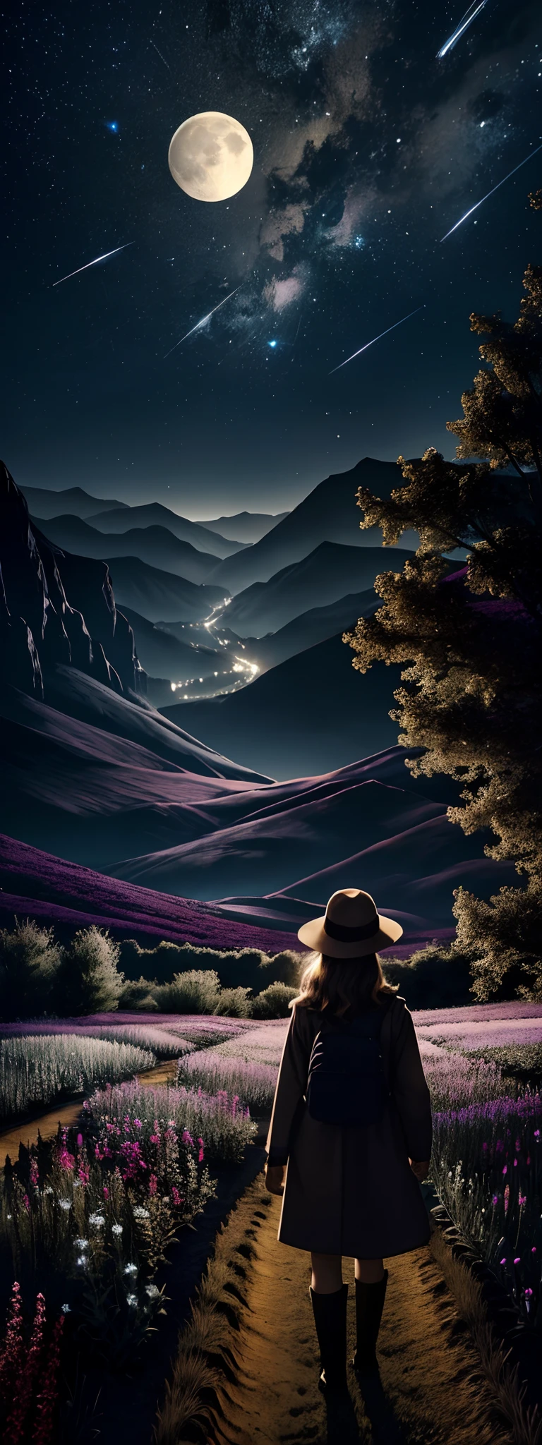 Expansive landscape photograph, (view from below with a view of the sky and the wilderness below), little girl standing in a flower field looking up, (full moon: 1.2), (shooting star: 0.9), (nebula: 1.3), distant mountain, tree break production art, (warm light source: 1.2), (firefly: 1.2), lamp, purple and orange, intricate detail, volume lighting BREAK (masterpiece: 1.2), (highest quality ), 4k, ultra-detailed, (dynamic configuration: 1.4), highly detailed and colorful details (iridescent: 1.2), (sparkling lighting, atmospheric lighting), dreamy, magical, (solo: 1.2)