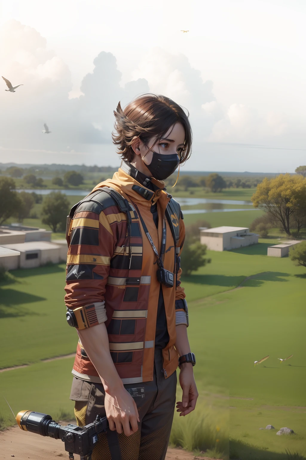 Background change, sci-fi, ultra realistic faice , bird's flying,golden sky,8k
