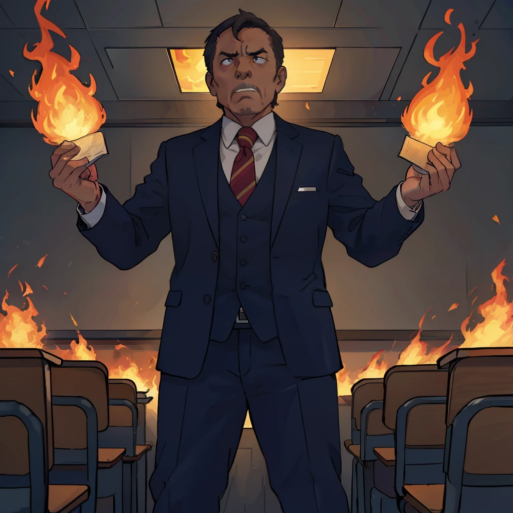 A middle-aged man,dressed in a suit,Stand on the podium of the classroom,angry look,The body is surrounded by flames,Supernatural abilities