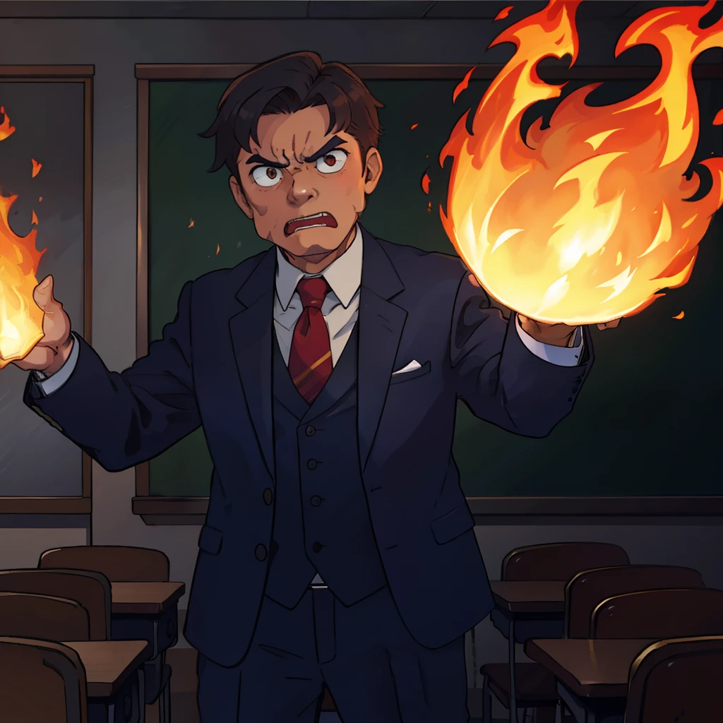 A middle-aged man，dressed in a suit，Stand on the podium of the classroom，angry look，The body is surrounded by flames，Supernatural abilities