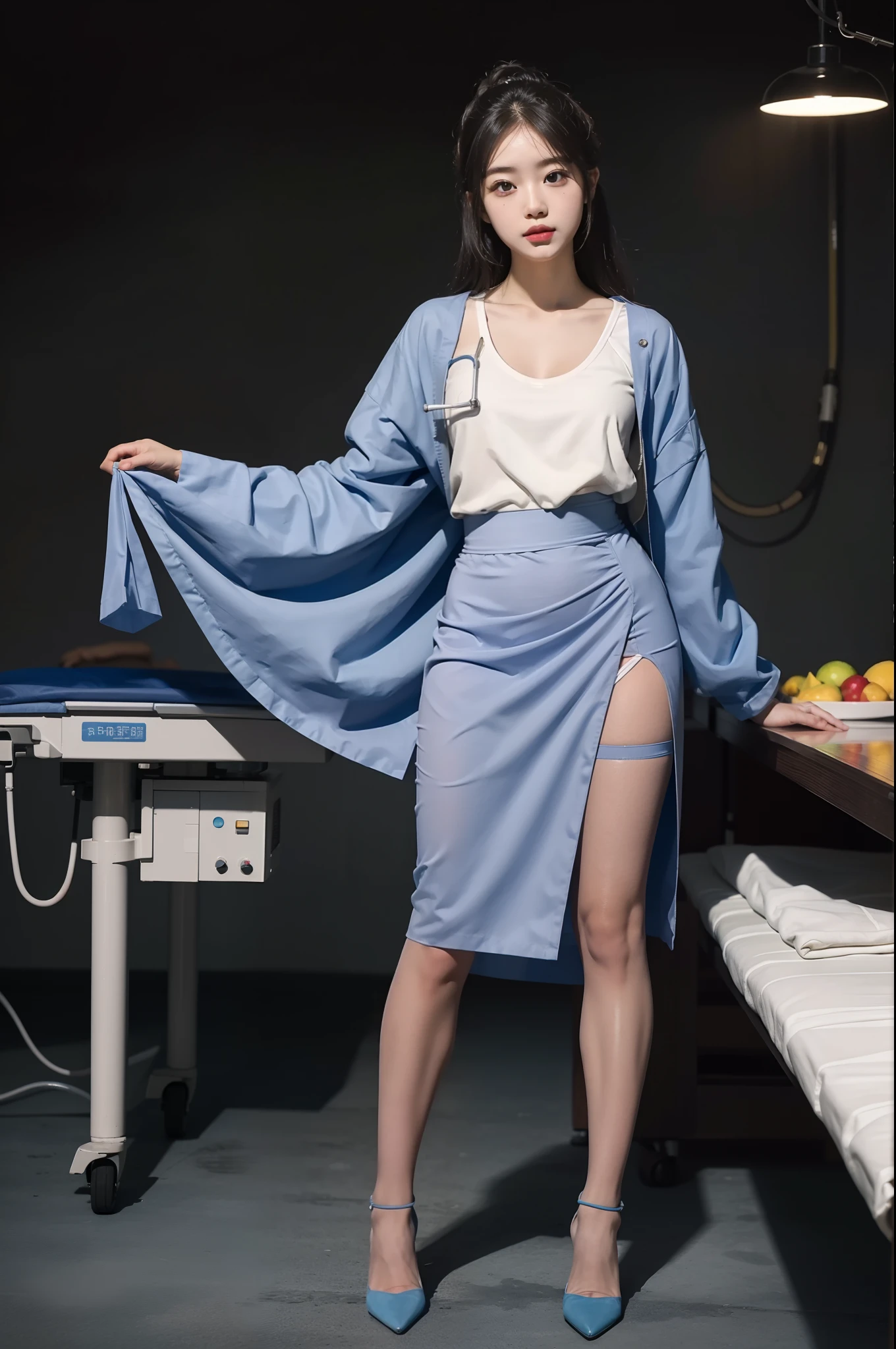 (full body:1.5)，(1girl:1.3),(view the viewer:1.4)，(anatomy correct:1.3),(Lying flat on the operating table:1.2),(A blue Surgical gown and work skirt :1.2),( Very thick Lime Pantyhose:1.3),( girl pointed thick heels :1.1)，(Accurate and perfect face:1.3),hyper HD, Ray traching, reflective light， structurally correct, Award-Awarded, high detail, lighten shade contrast, Face lighting ，cinematic lighting, masterpiece, super detailing, high quality, high detail, best quality, 16k，High contrast,