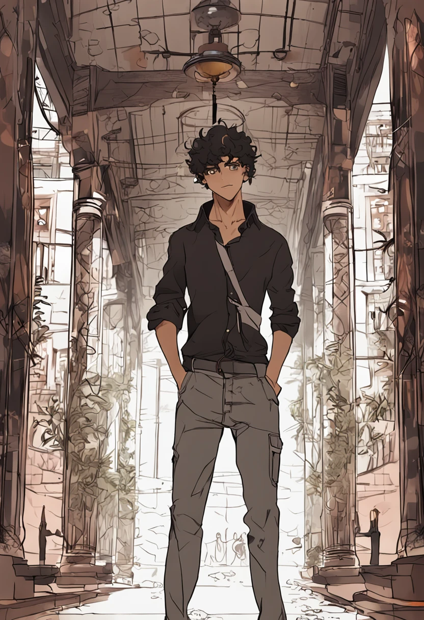 anime type, south indian boy, black curly hair, brown eyes, black shirt